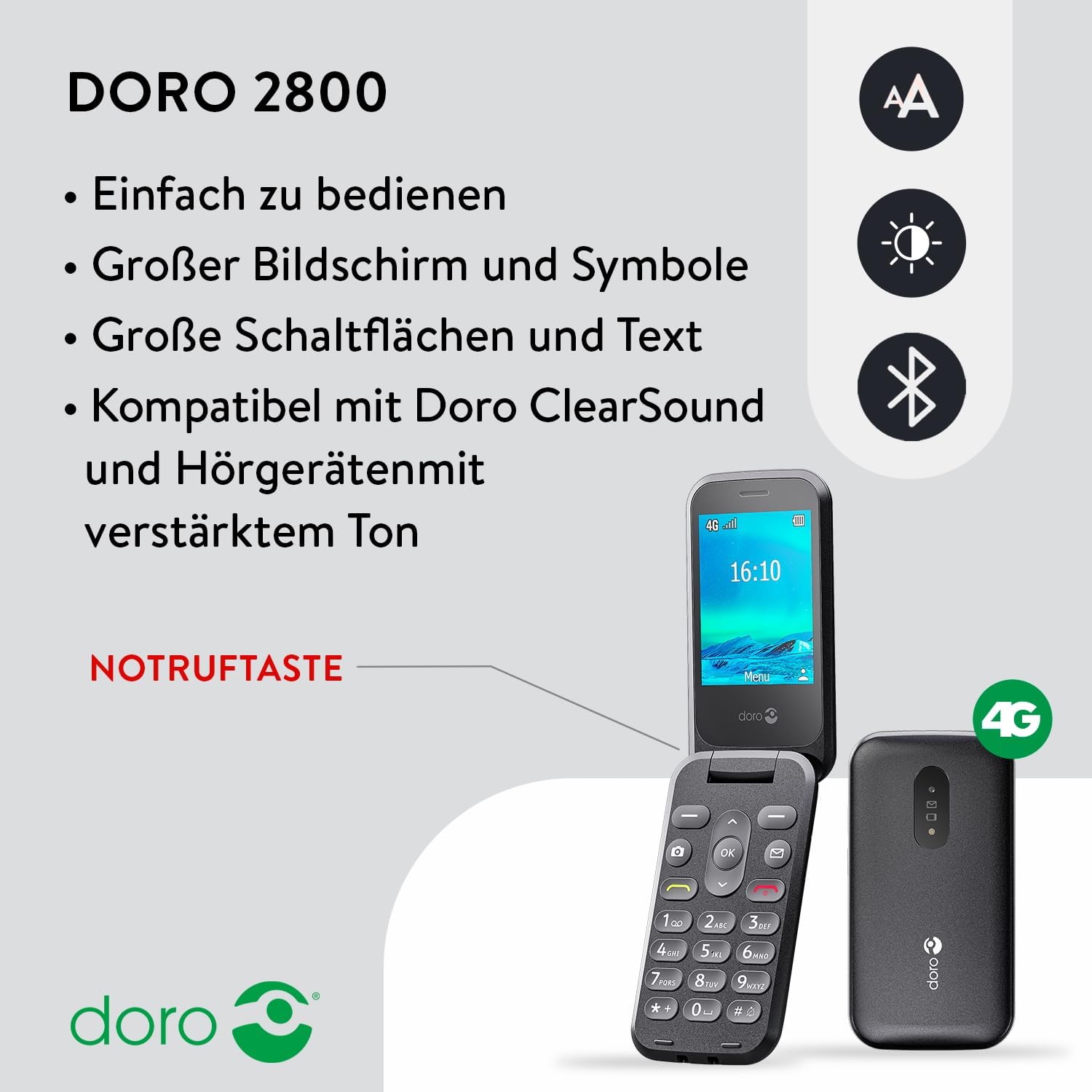 Doro - 2800 - Seniorenhandy - 4G-Klapptelefon ohne Vertrag - Tasten mit Sprachausgabe - Kamera - Bluetooth - Notruftaste - Schwarz graphit