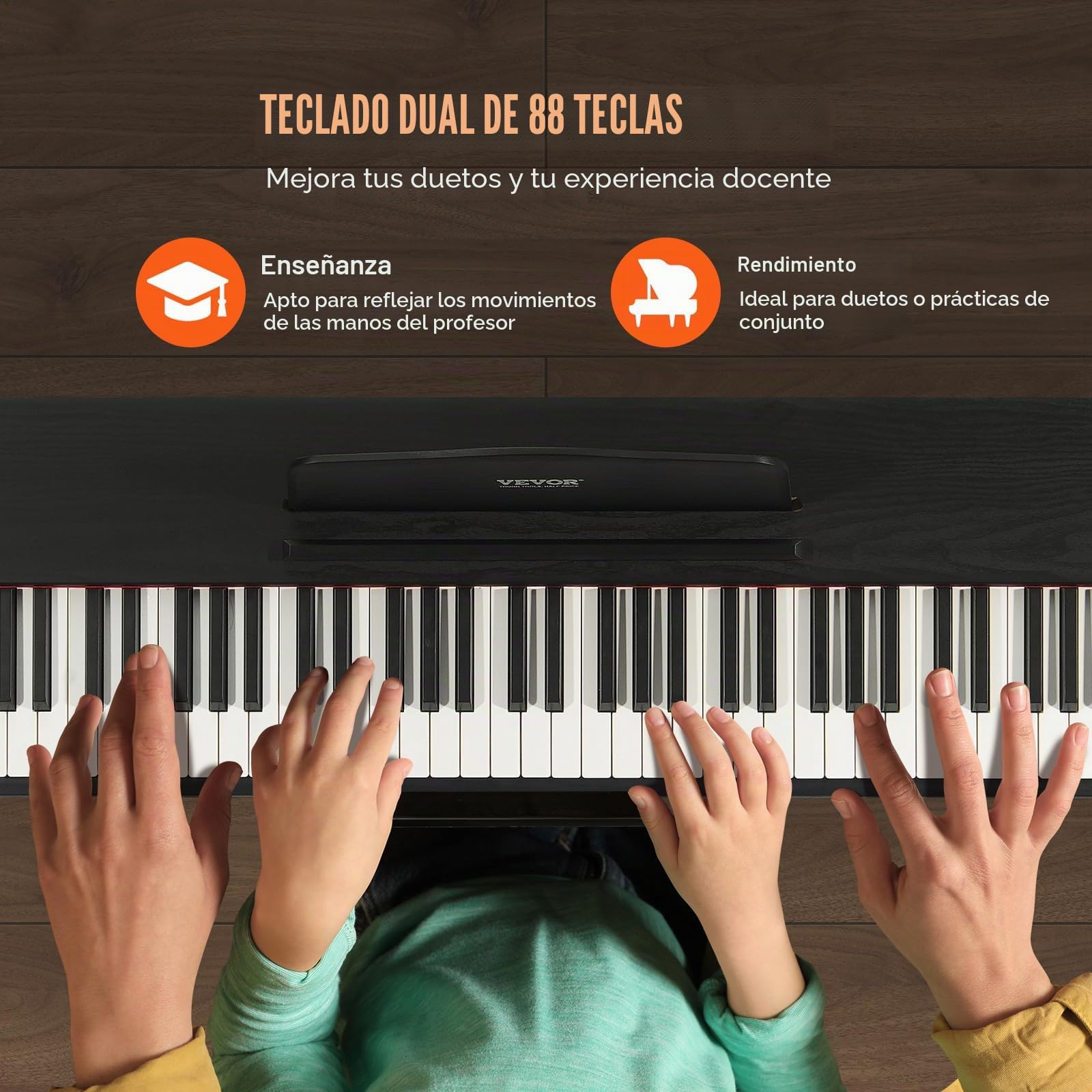 VEVOR Piano Digital de 88 Teclas Totalmente Ponderadas con Teclado Dual y Altavoces, Soporte de Gabinete Simple, Banco doble, Auriculares, 200 Tonos y Ritmos Compatible con Bluetooth/USB/MIDI