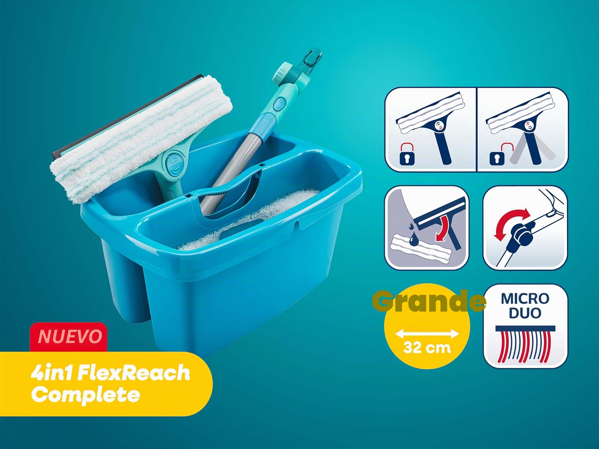 Leifheit Limpiacristales FlexReach 4 en 1, 32 cm, con Cubo