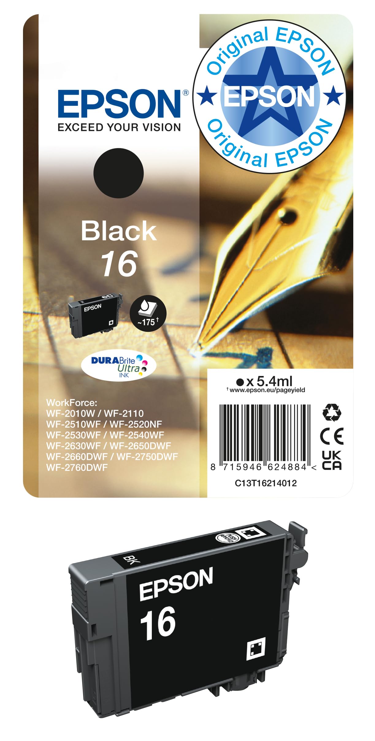 Epson Original 16 Tinte Füller (WF-2630WF, WF-2650DWF, WF-2660DWF, WF-2750DWF, WF-2760DWF), schwarz