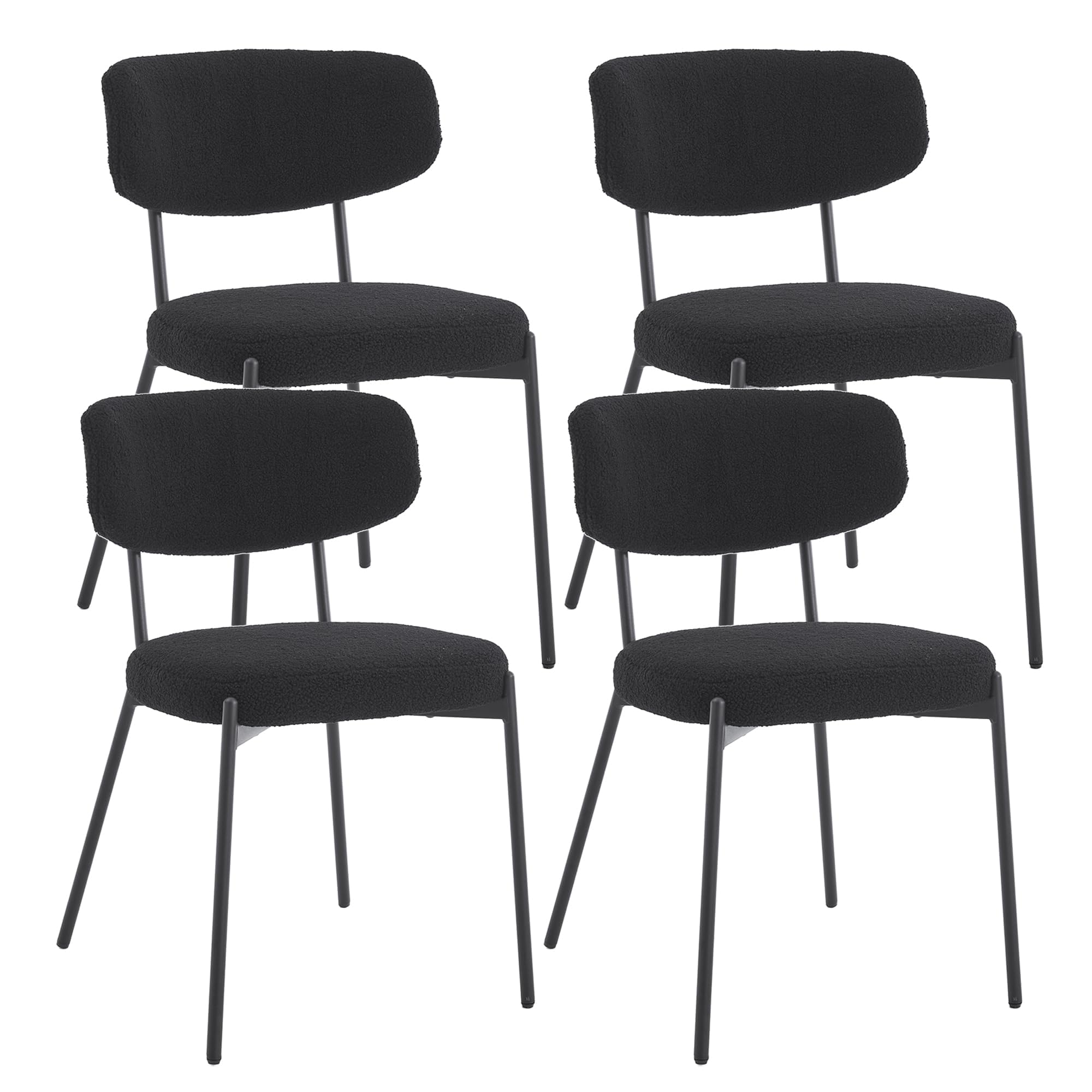 KCC Boucle Dining Chairs Set of 4, Modern Mid-Century Upholstered Stylish Kitchen Chairs Sherpa Accent Diner Chairs with Metal Legs and Curved Back