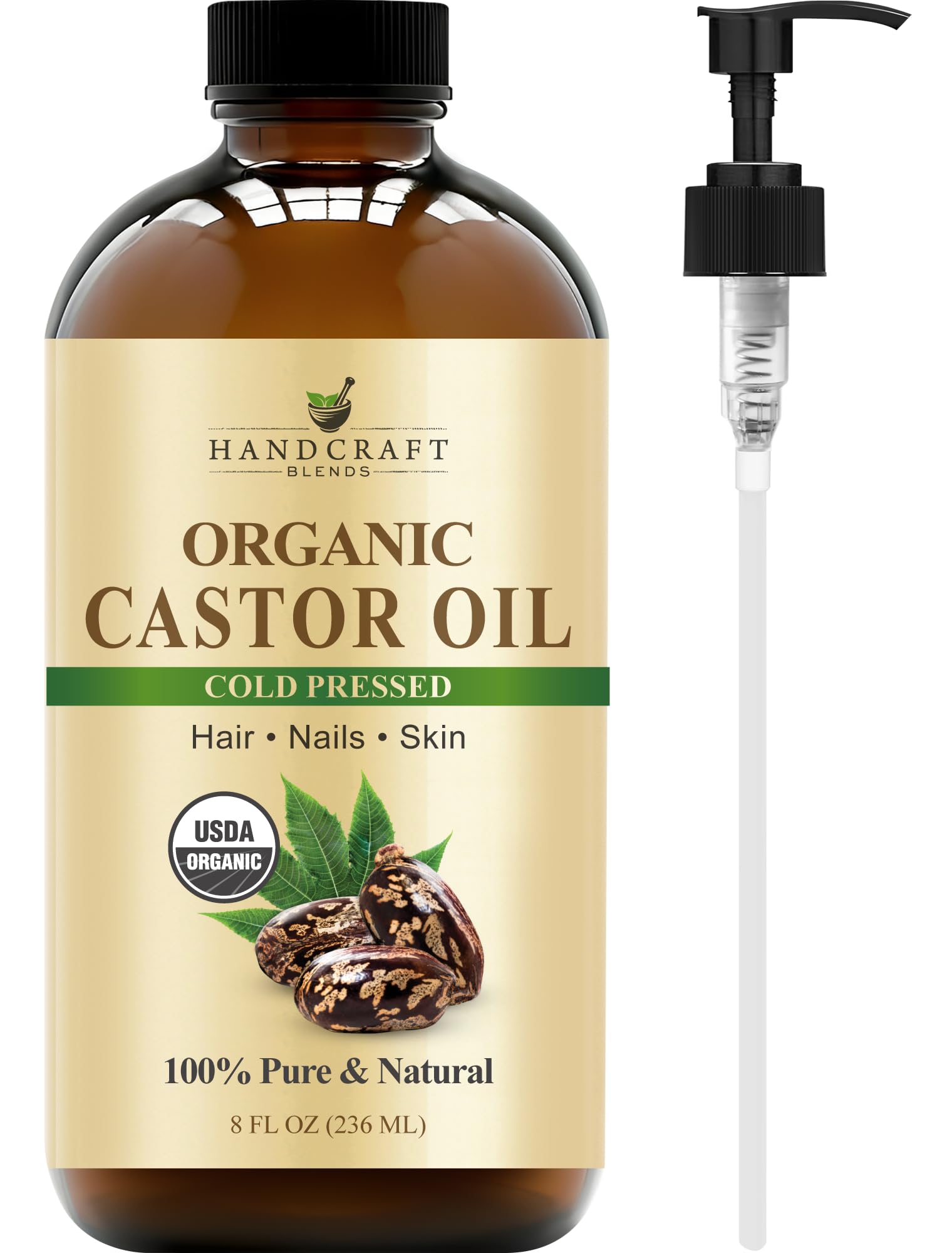 Handcraft Blends Cold-Pressed Organic Castor Oil 236 ml | Glass Bottle | 100% Pure and Natural | Premium Grade Carrier Oil | Hair, Eyelashes and Eyebrows | Hair and Body | Ayurvedic Hair Care