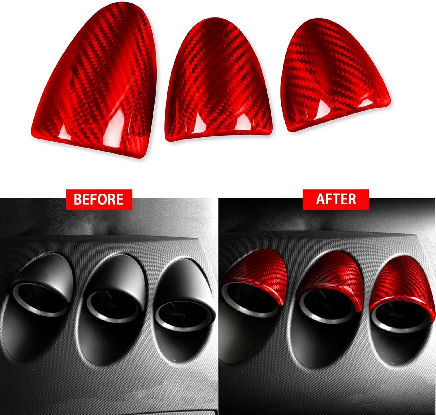 3Pcs Carbon Fiber Red Center Console Dashboard Gauge Pod Pointer Cover Trim Decor Compatible with Nissan 350Z Z33 2003-2009 370z 2009-2020