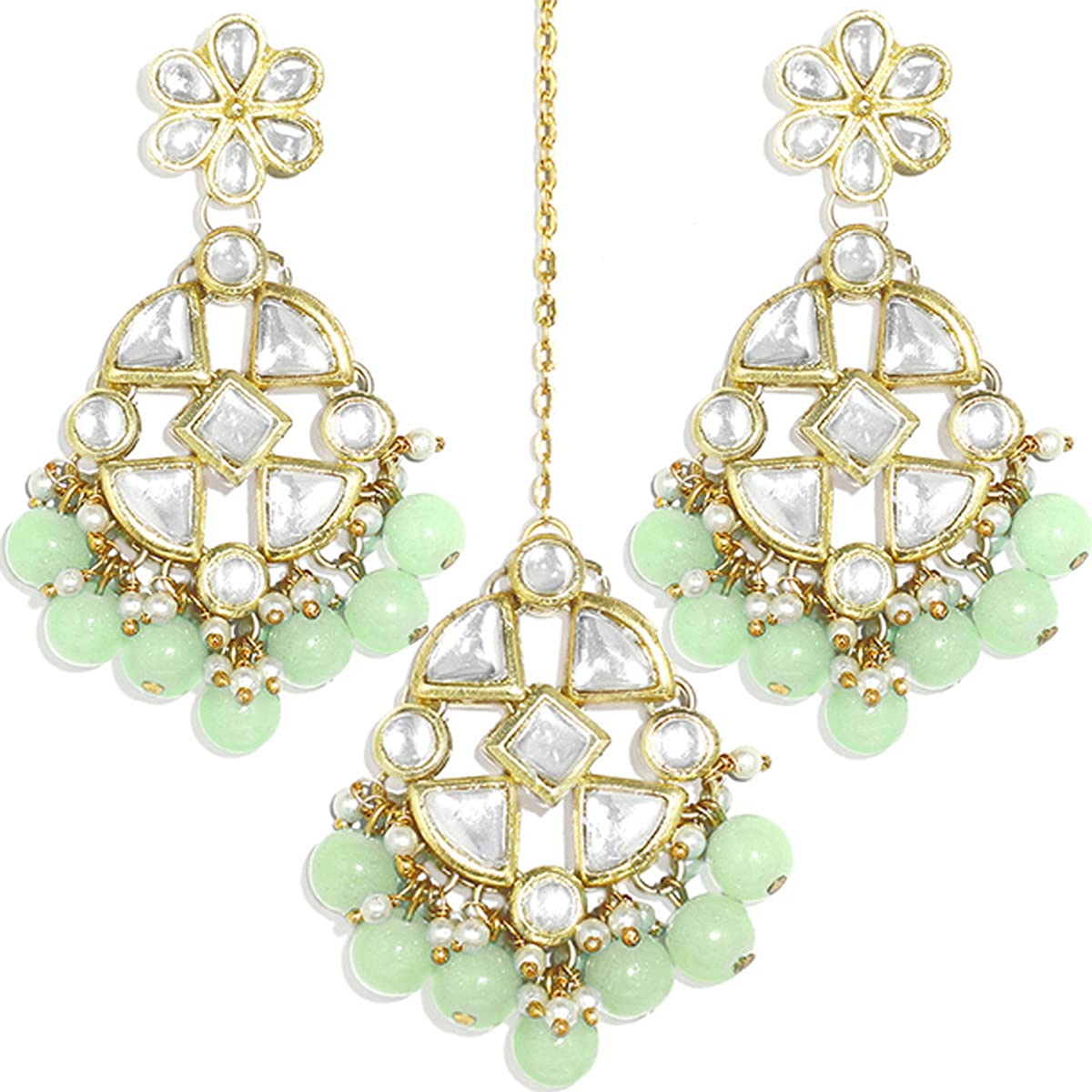 Karatcart Womens Kundan Dangler Earrings with Maangtikka - Light Green Beads (B099WHVWJZ) Amazon Price History, Amazon Price Tracker