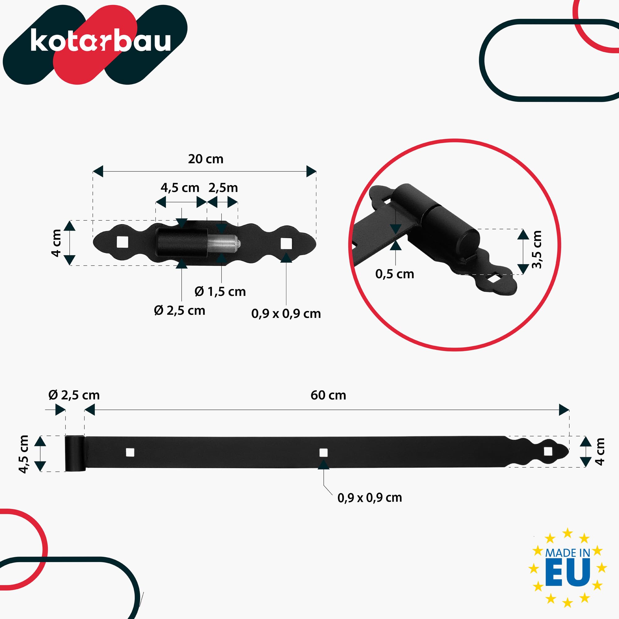 KOTARBAU® Banda de carga con abultamientos de 600 mm de acero pulverizado con rodamiento de bolas, bisagra negra, izquierda y derecha, para puerta de madera