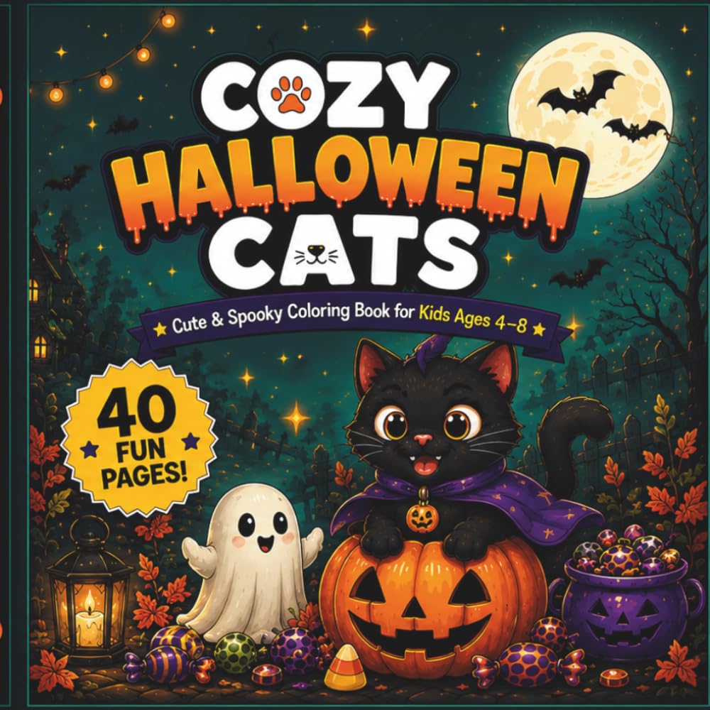 Cozy Halloween Cats: Cute & Spooky Coloring Book for Kids Ages 4–8 | Adorable Halloween Cats, Pumpkins, Ghosts, Cozy Autumn Scenes & Easy Fun Coloring Pages