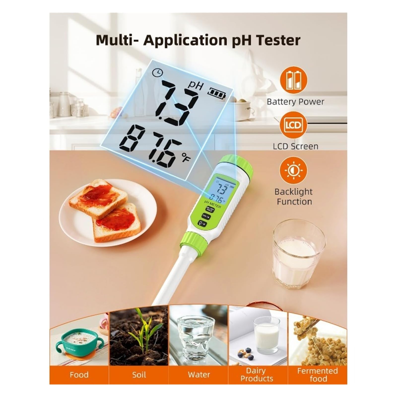 Testeur de qualité de l'eau Testeur de pH numérique Multifonction, kit de Test de pH de Sol de Jardin de Haute précision avec écran LCD ℃/℉