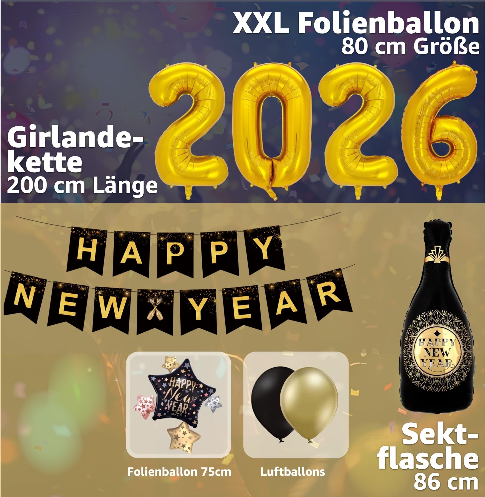 Set di decorazioni XXL per Capodanno 2026 – Happy New Year – Decorazione per Capodanno – con palloncini, stelle filanti, palloncini in lattice, coriandoli ecc. come decorazione per Capodanno (set