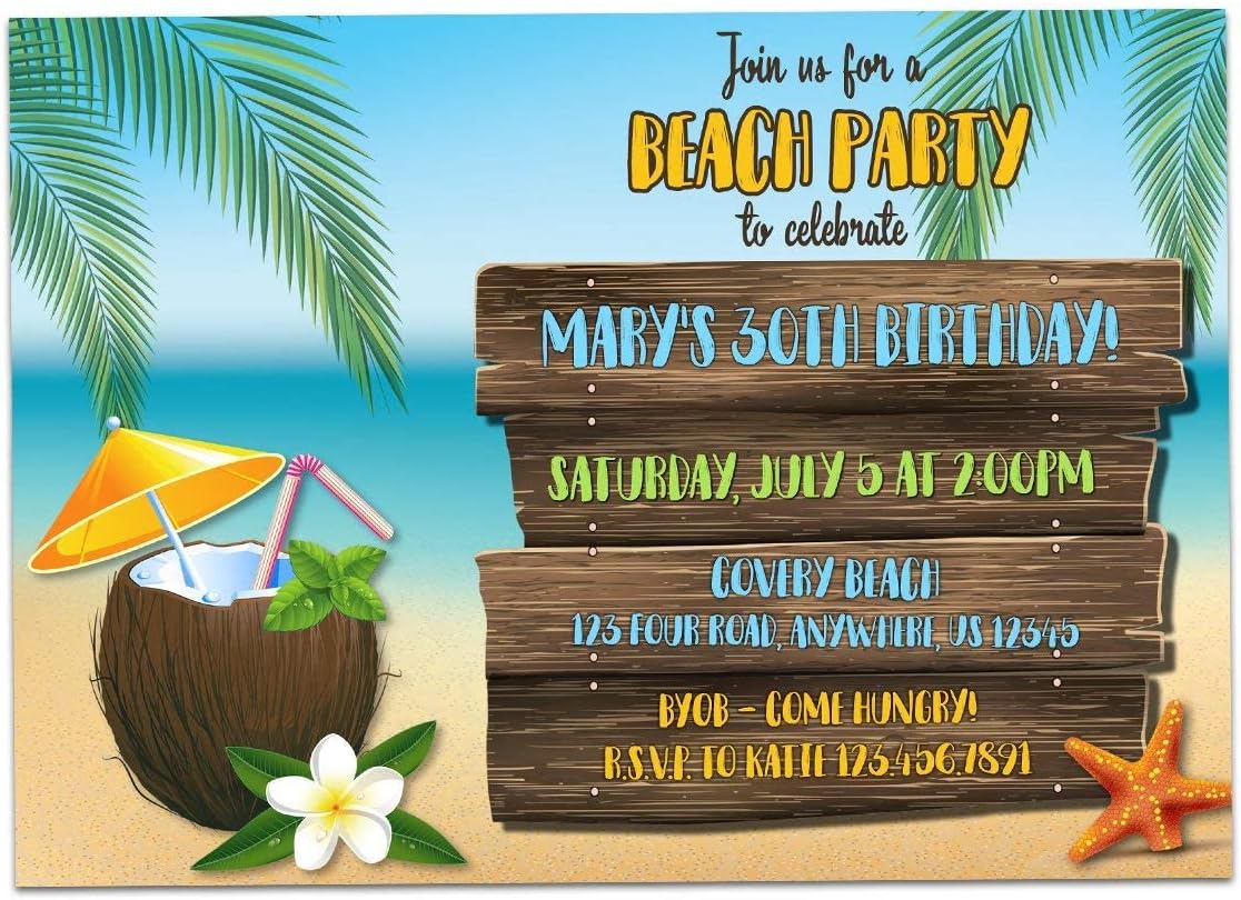 Adults Beach Party Invitations Hawaiian Birthday Invites, Personalized Tropical Invitation Girl Woman Adult Coconut Drink Cocktails with Envelopes