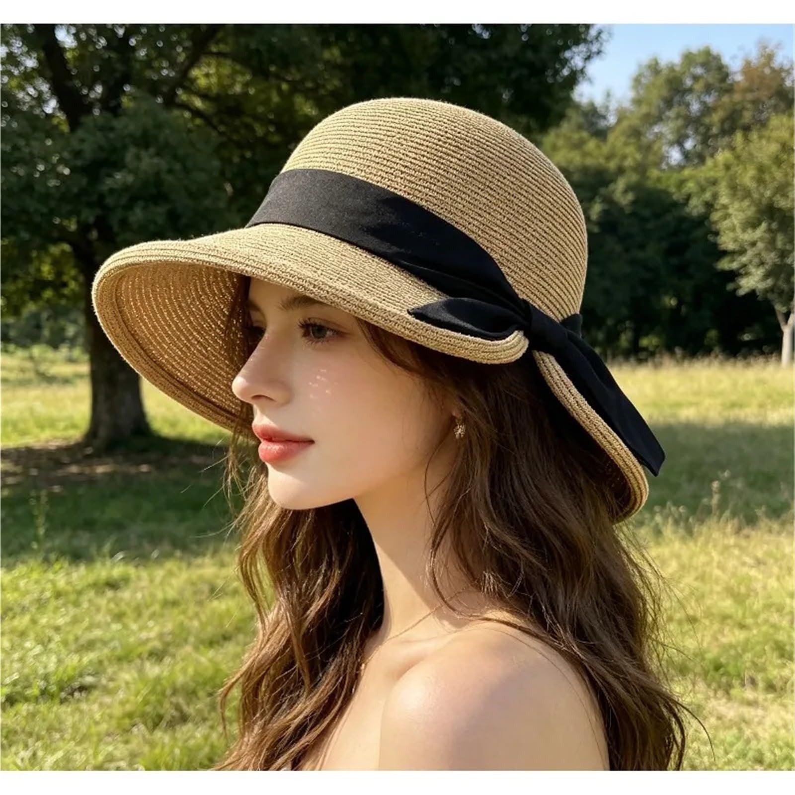 Sombrero de Paja con Abertura ala Ancha Elegante Dulce Arco Sol Playa for Mujer Verano para Viajes y Vacaciones