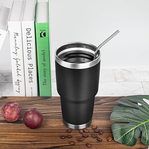 Miniatura 7 de Vaso de 30 onzas con tapas y pajillas, vaso aislado al vacío de doble pared, de acero inoxidable, a prueba de fugas, con recubrimiento en polvo,