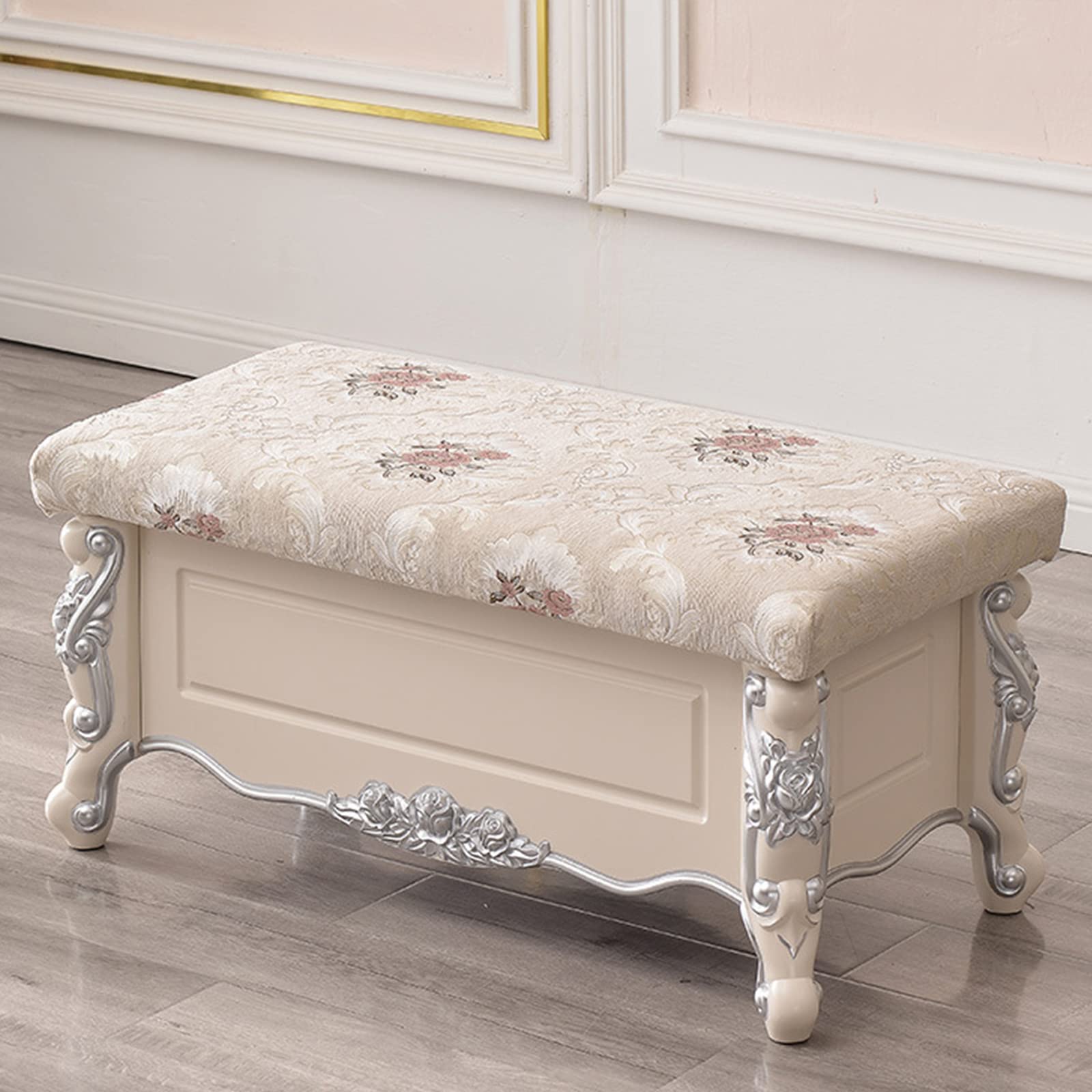 Repose-pieds coffre de rangement en jacquard beige 80x40x37cm