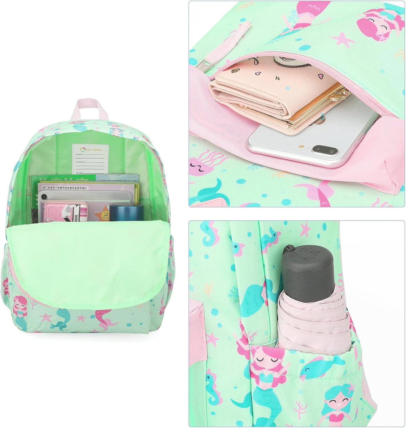 KK CRAFTS Preschool Backpack Kindergarten Little Kids Toddler Elementary School Backpacks for Boys and Girls with Chest Strap(15Inch, Green Mermaid)