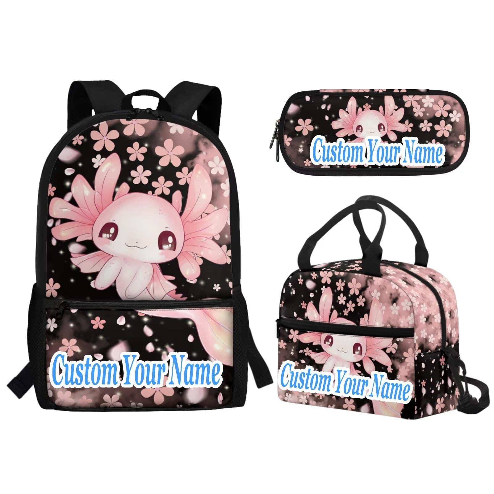 Guosanchn Custom Axolotl Backpack for School Girls Bookbags with Lunch Box and Pencil Case Personalized Cherry Blossoms Middle Elementary School Bag