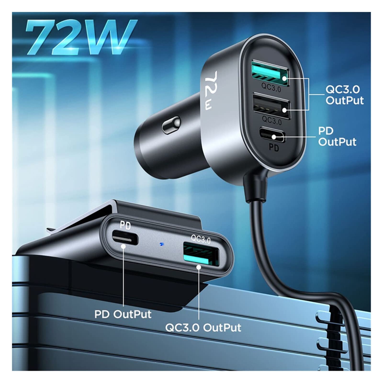 Stacja ładowania, Ładowarka samochodowa USB 72W Super szybkie ładowanie samochodowe PD QC 4.0 PPS 25W typ C wiele portów przejściówka do ładowarki samochodowej do telefonu