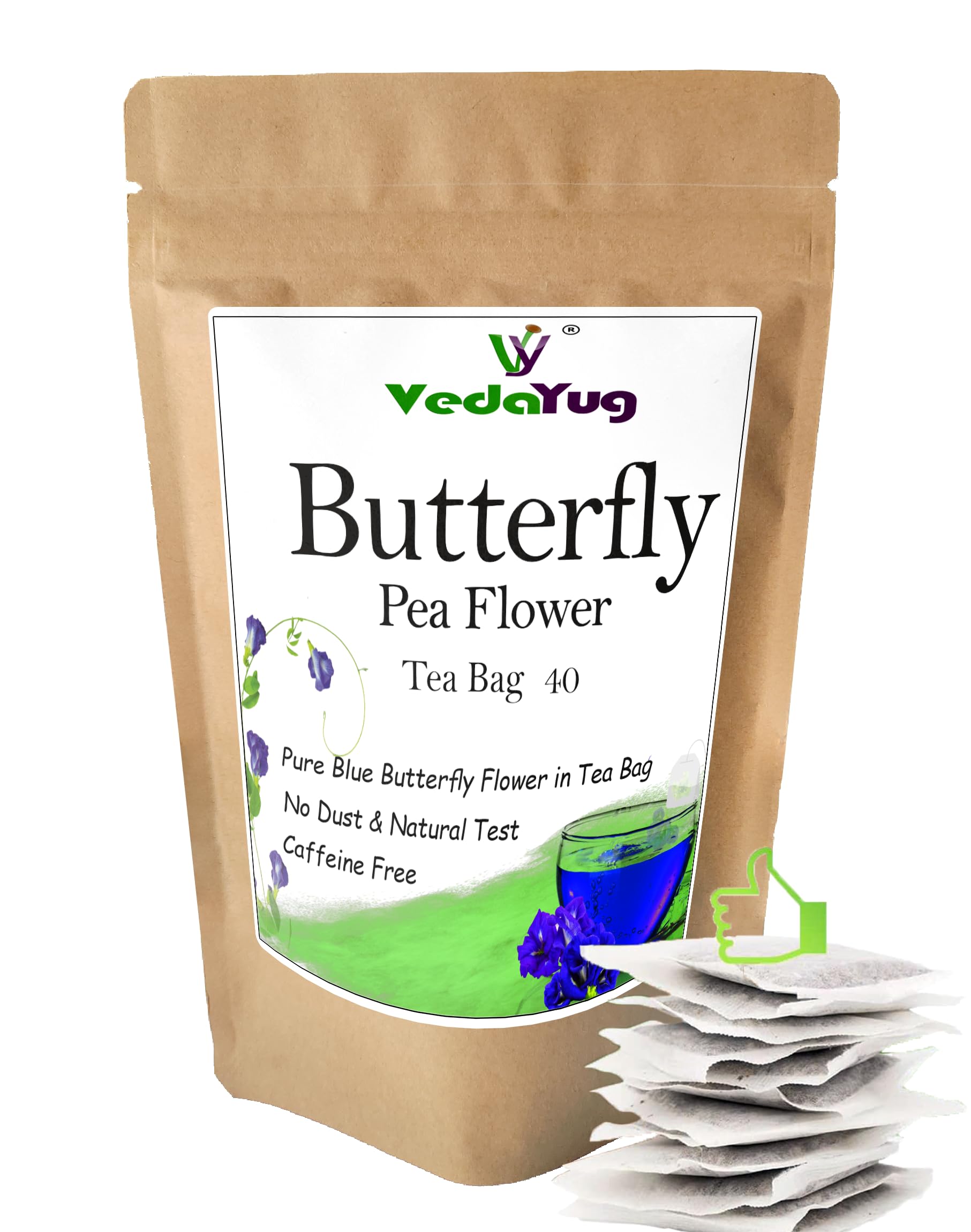 VY VedaYug Butterfly Pea Flower 40 Tea Bags/Makes Natural Blue Purple Pink Iced Tea, Cooler, Cocktails | Herbal Tea - High on Anti Oxidants / 100% Natural & Pure Herbs – 40 Pec