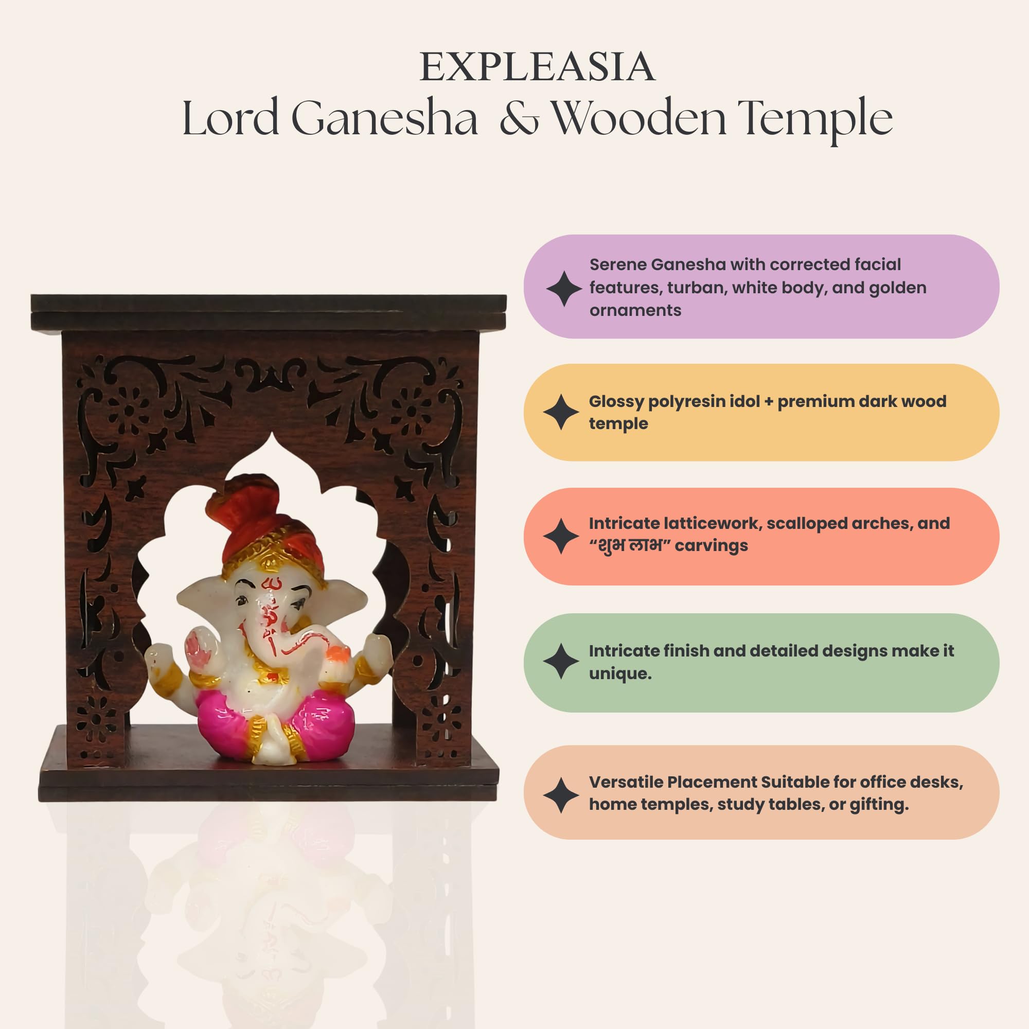 EXPLEASIA Pagadi Ganesha Idol with Wooden Temple for Home mandir| car Dashboard| Gift Items | Festival Item| showpiece| Temple Decor - Image 5 thumbnail