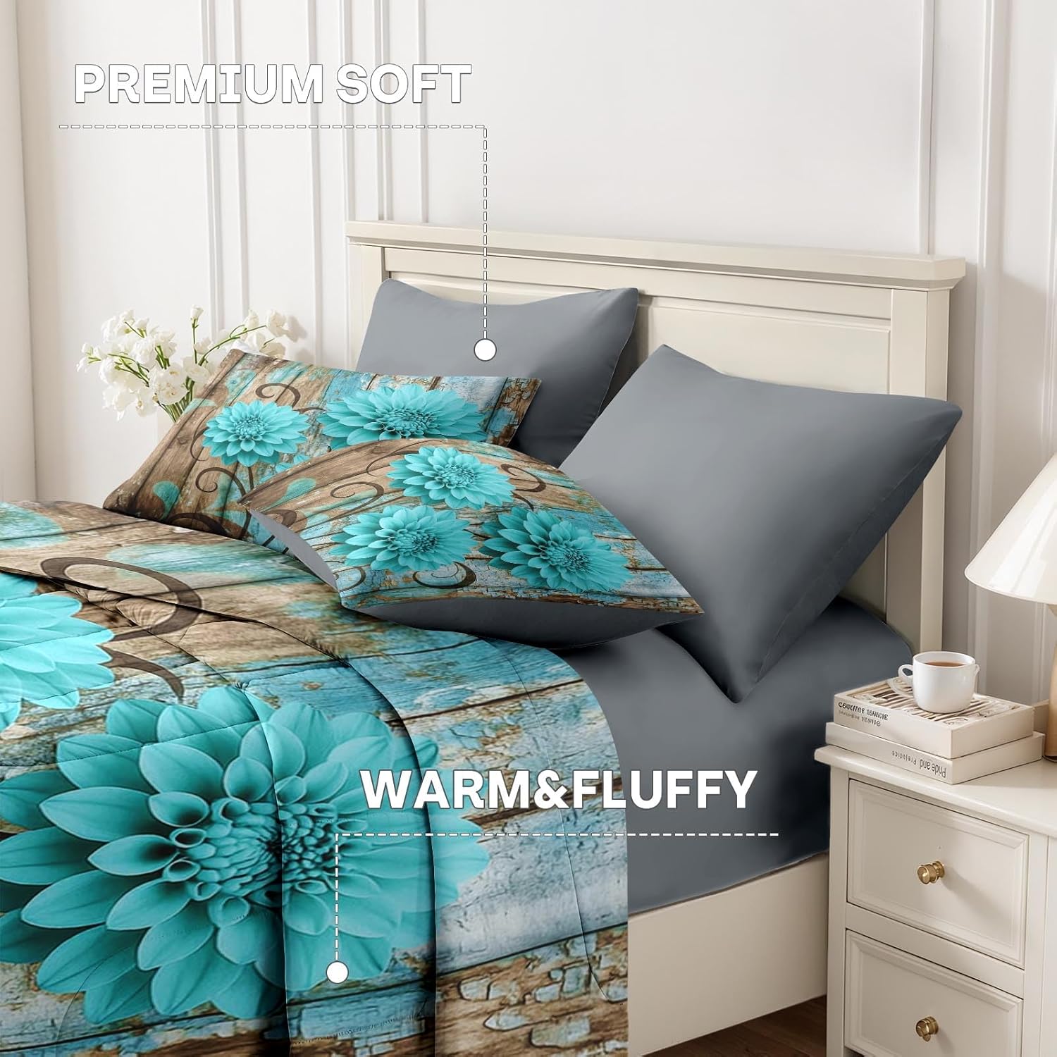 Nesker Comforter Set Queen Size, Teal Farmhouse Dahlia 7 Pcs Bedding for Kids and Adults, Rustic Flower Abstract Leaves Bed Sheet Sets with Fitted Sheet 2 Pillowcases & 2 Shams
