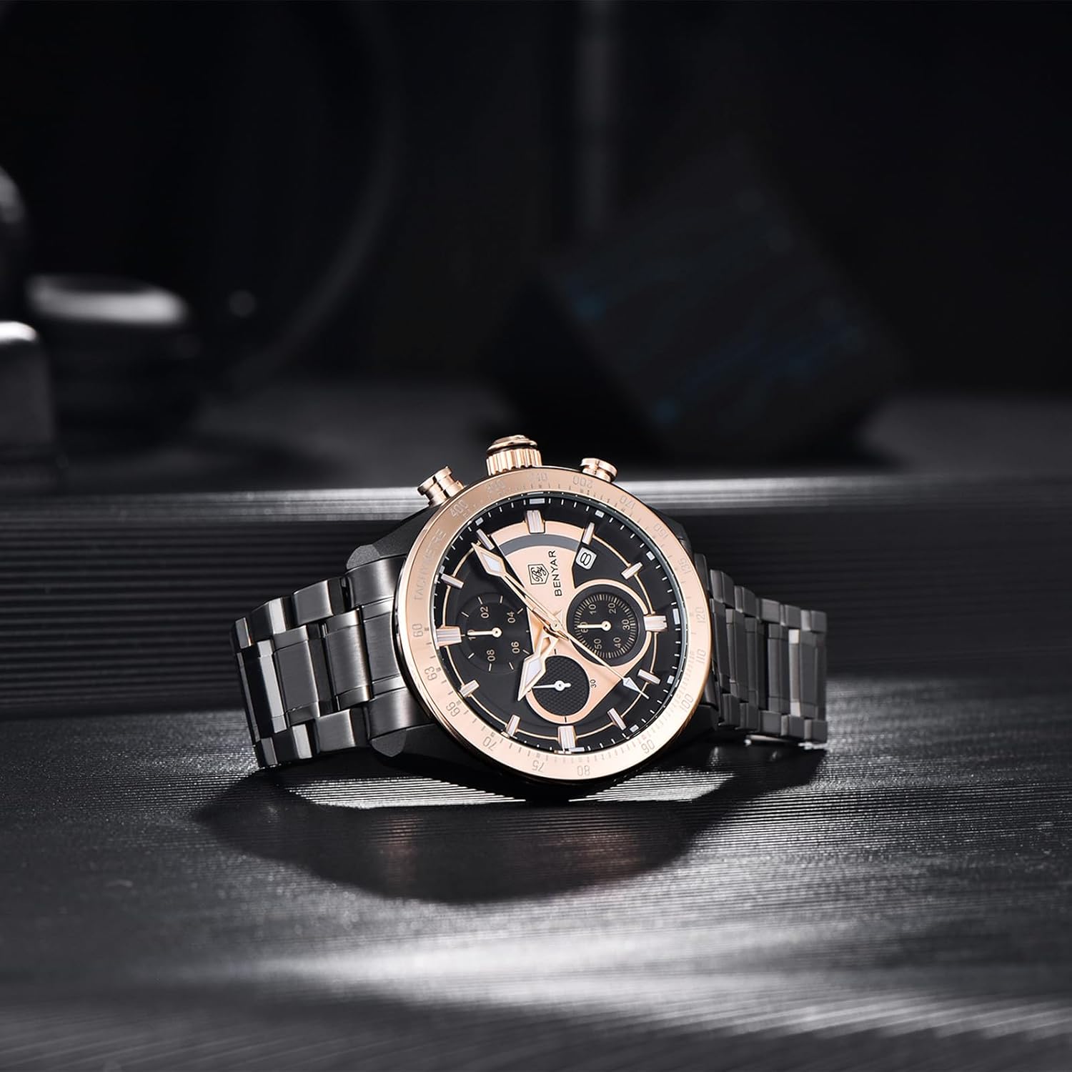 BY BENYAR Men Watch Quartz Chronograph Stainless Steel Strap Analogue Date Display Sports Leisure Business 30M Waterproof Elegant Gifts for Men All Gold