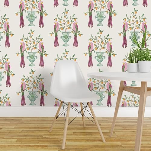Miniatura 3 de Spoonflower Muestro de papel tapiz extraíble  Pájaros botánicos Loro tropical Cítricos Floral Caprichoso vid Hojas Naranja Limón Italiano Papel