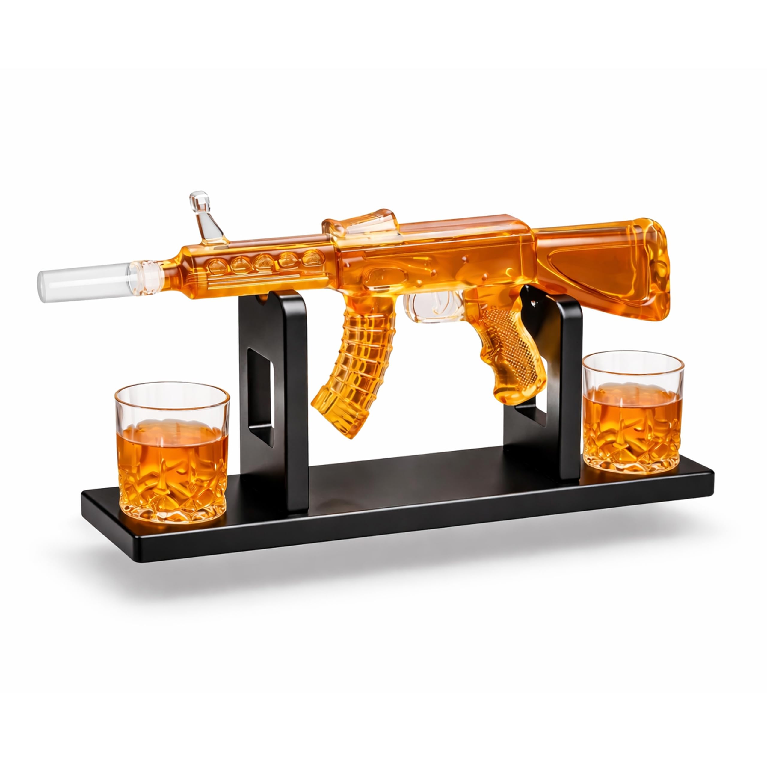 AK47 Kalaschnikow XXL - Juego de decantador de whisky (850 ml, jarra con 2 vasos de 225 ml, cristal y madera, forma de rifle sobre soporte de madera, hecho a mano), regalo para hombres, regalo del día