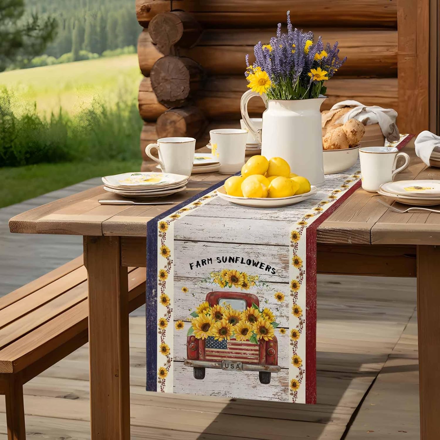 LooPoP Red Truck Sunflower Decor Table Runners Farmhouse Wood 18x72 Inches Long Washable Table Runner for Round Table Kitchen Coffee Dining End Table Living Room Use