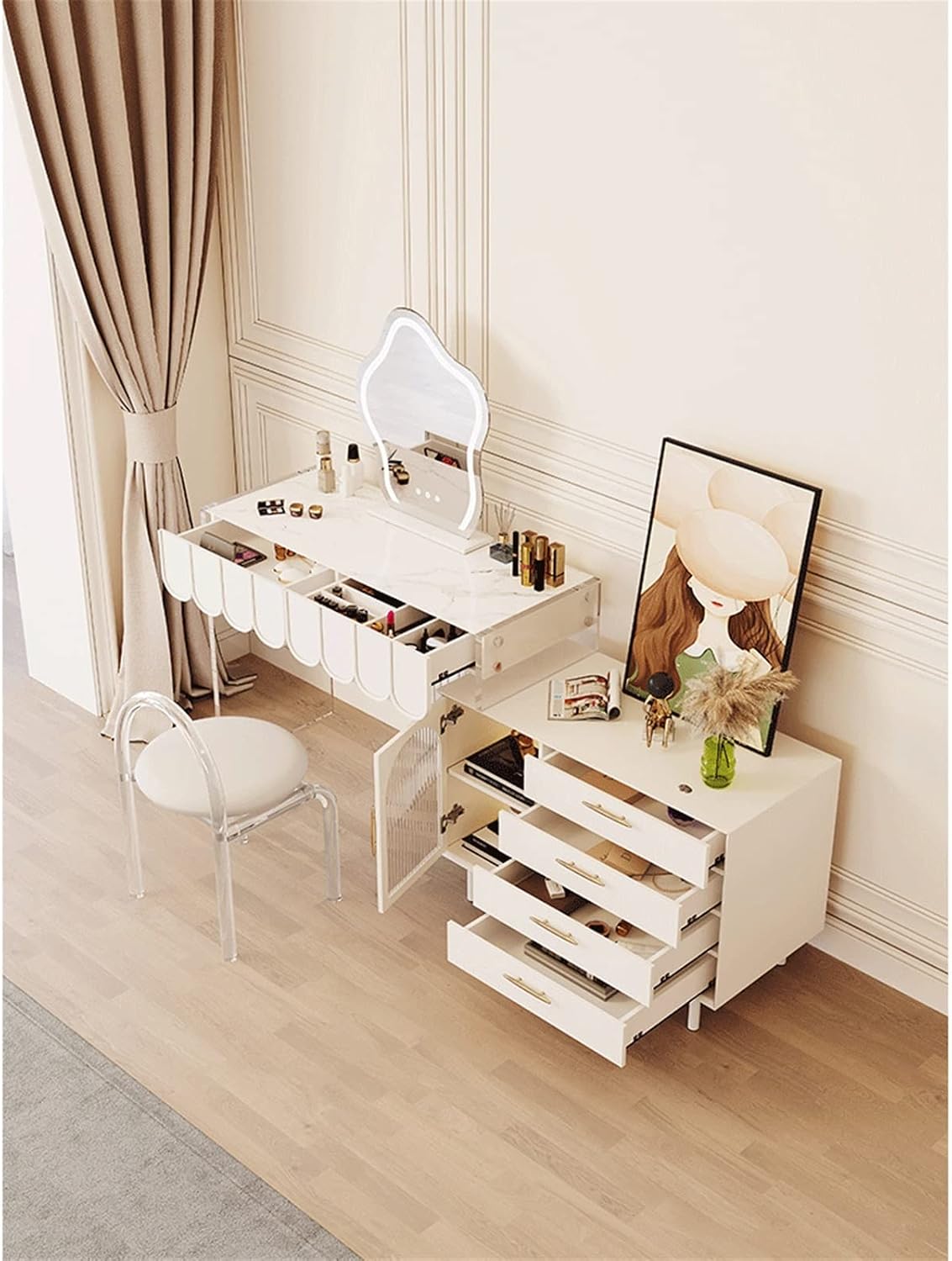 Vanity Dressing Table Set Luxury Makeup Bench with 3 Colors Led Hd Mirror,Comfortable Stool Drawers Cabinet,Modern Simple Style,for Girl's Gift (Size : 120cm) ()