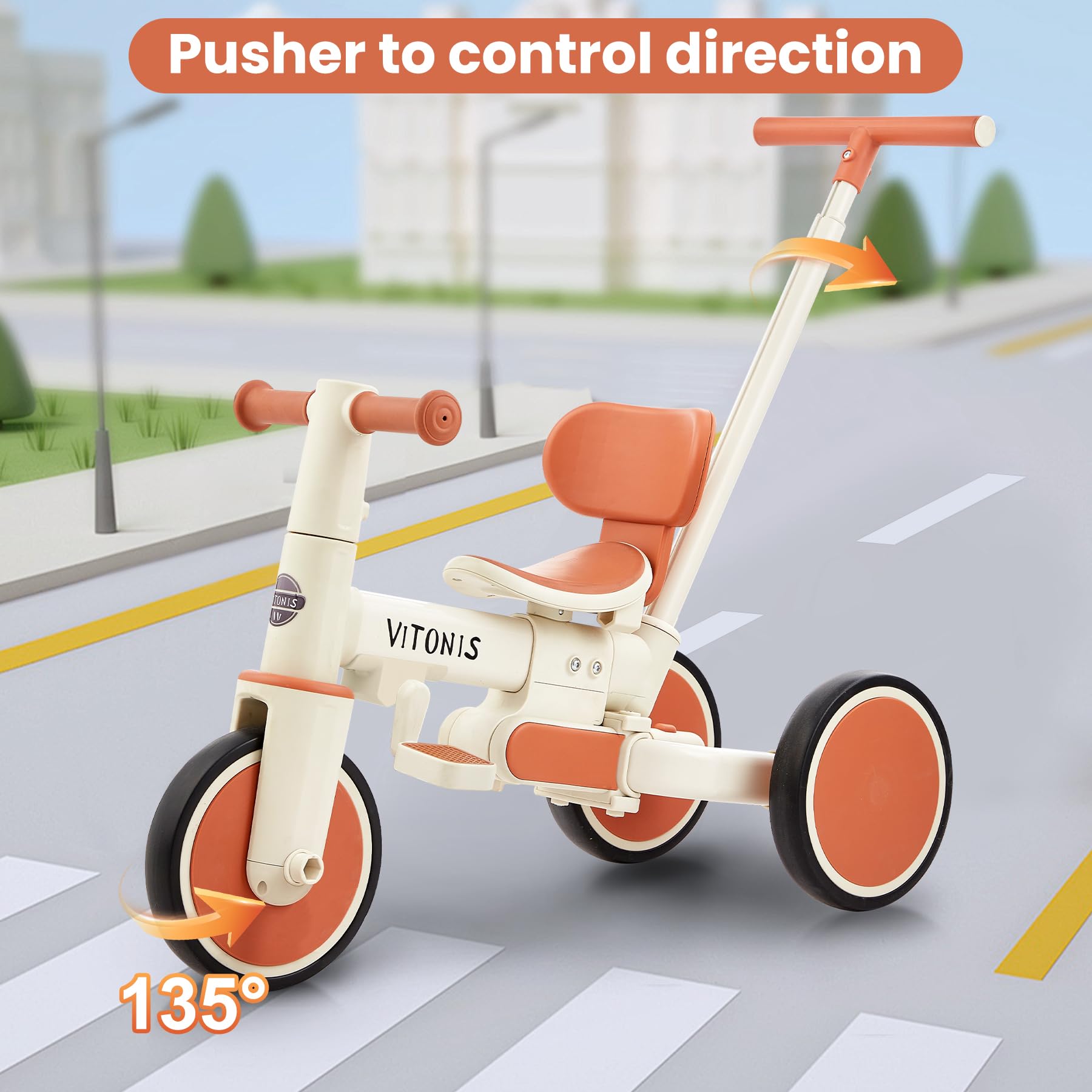 VITONIS bicicletta senza pedali da 1 anno, triciclo 5 in 1 con barra di spinta per bambini, girello per bambini da 1 a 4 anni Regali e giocattoli (beige)