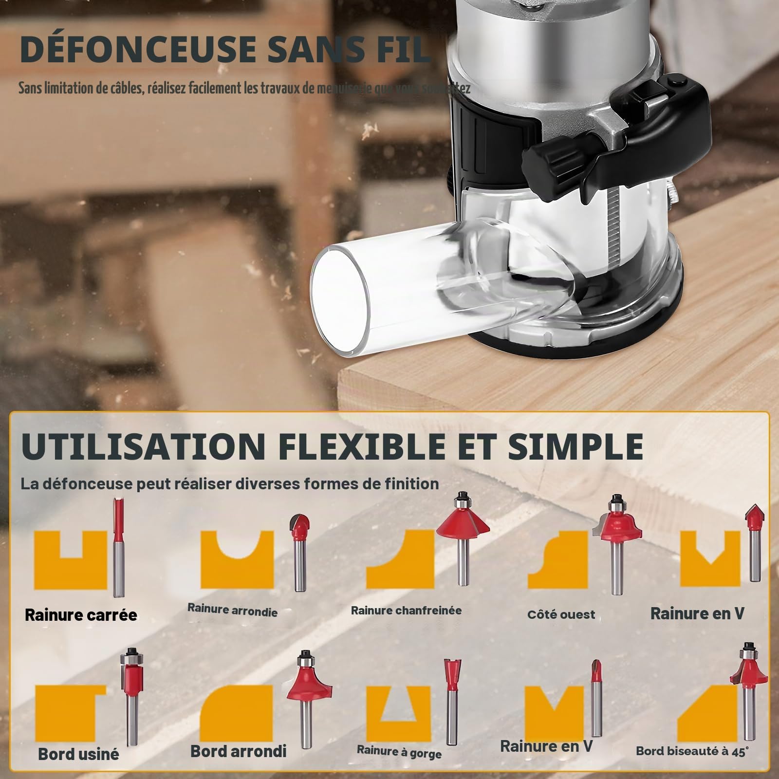 Routeur électrique sans fil compatible avec batterie Makita 18 V/20 V, coupe-bordure sans balais avec 6 vitesses, 800 W 30 000 tr/min, avec fraises de découpe, guide de bord et rouleau (bleu pour