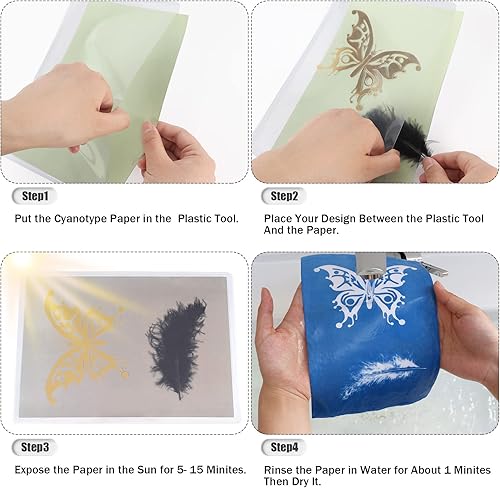 Miniatura 7 de AIQINHU Kit de papel de cianotipo de papel de impresión solar, 32 hojas de papel de arte solar con 1 herramienta de plástico para impresión solar,