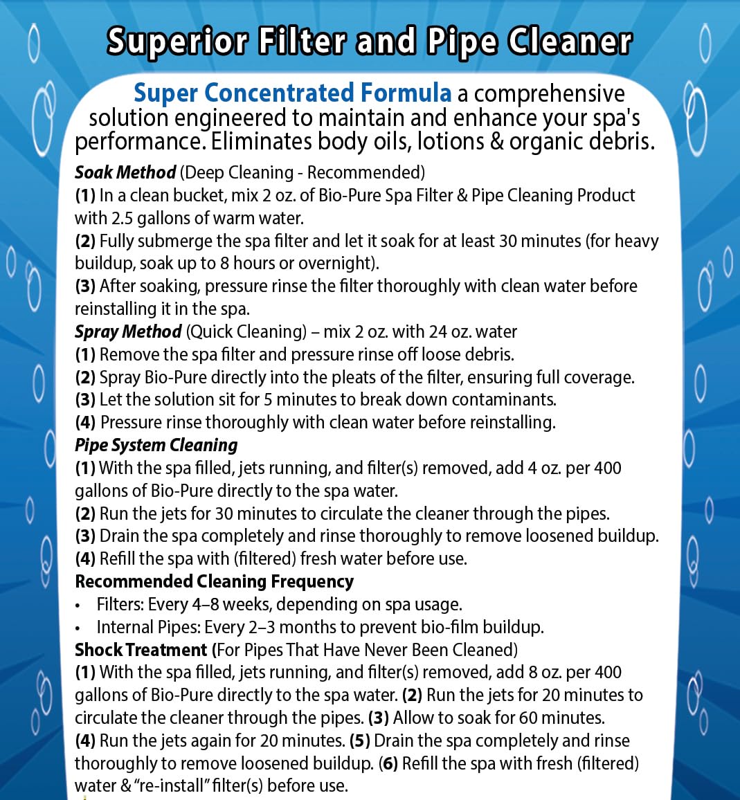 Bio-Pure Spa Filter & Pipe Cleaner – 3 in 1 Spa System Cleaner per impianti idraulici, pareti e filtri a cartuccia – Spurgo tubi, filtro profondo ammollo & spray Cleaner – Sviluppato dal Dr. Bernard