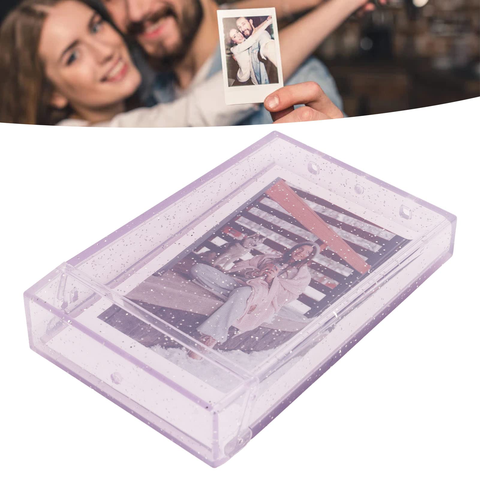 ANGGREK Photo Case, Compact and Portable 3 Inch Photo Storage Box PC with Hand Rope for Pictures (Purple Transparent Glitter)