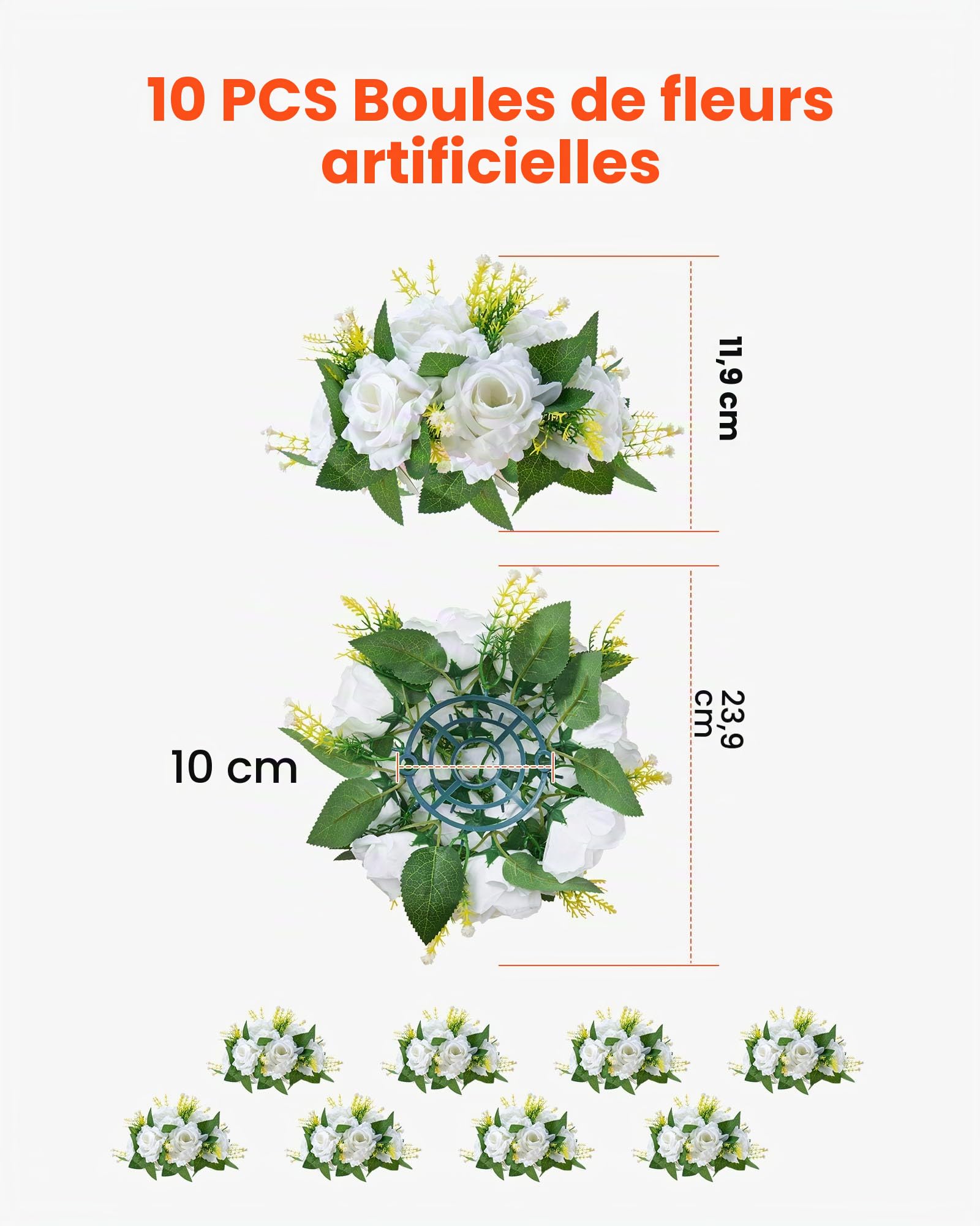 VEVOR Boules de Fleurs Artificielles, Lot de 10, 24 cm, Compositions de Roses Blanches Artificielles, Fausses Fleurs Décoratives pour Centres de Table, Mariages, Saint-Valentin, Décoration d'Intérieur
