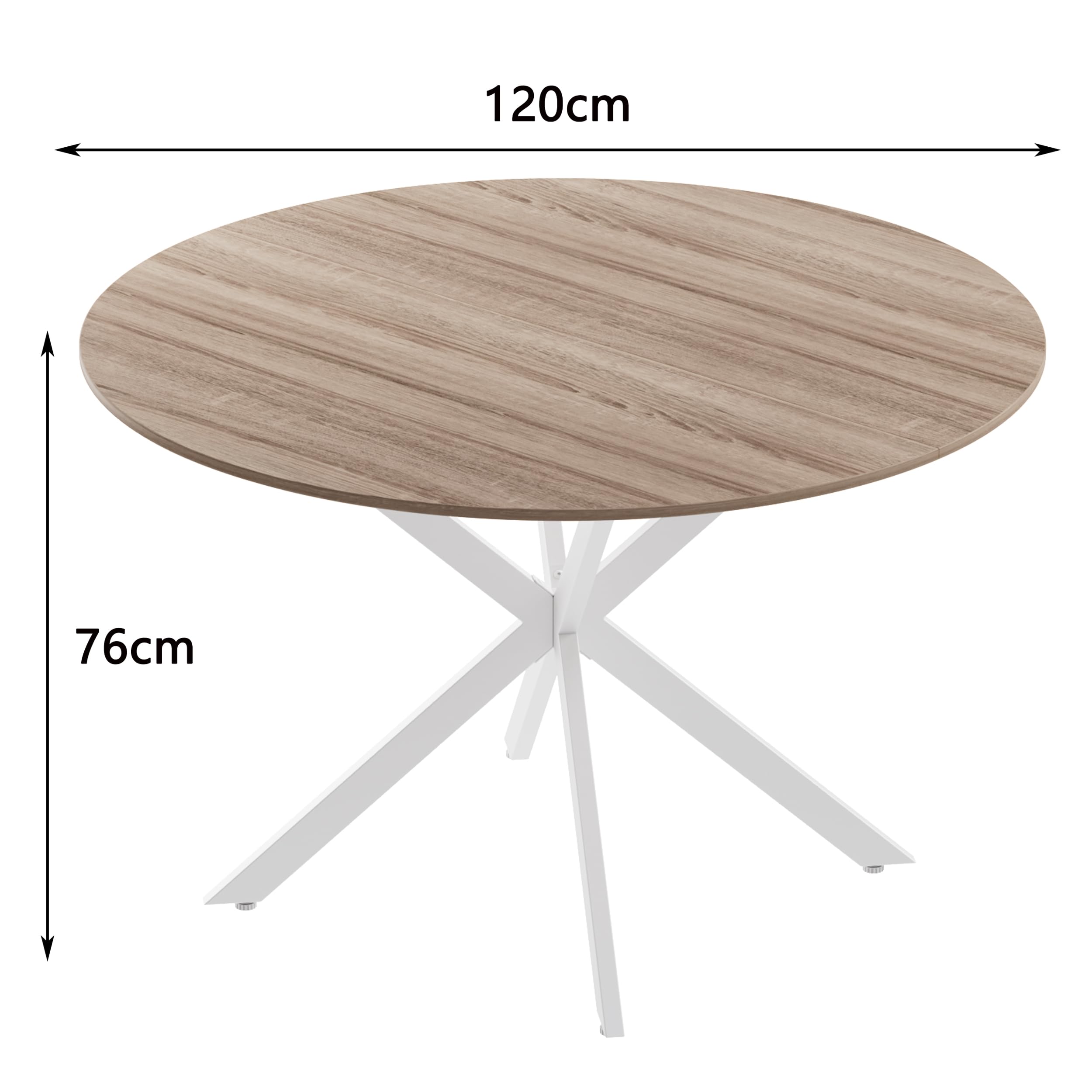 MSFE Table de Salle à Manger Ronde 120 cm, Table de Cuisine Rétro pour Salle à Manger avec Pieds en Métal Noir et Finition Noyer Naturel Délavé,Capacité 4-6 Personnes, Pieds de Table Blancs