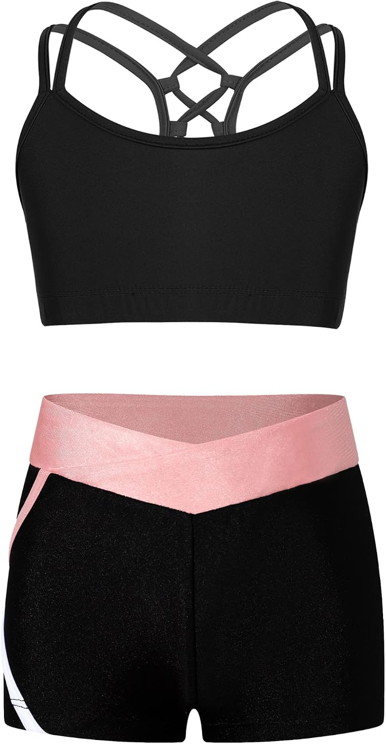 Hansber Kids Girls Gymnastics Sport Bra Dance Crop Top with Shorts Set 2 Piece Tracksuit Dancewear Swimwear