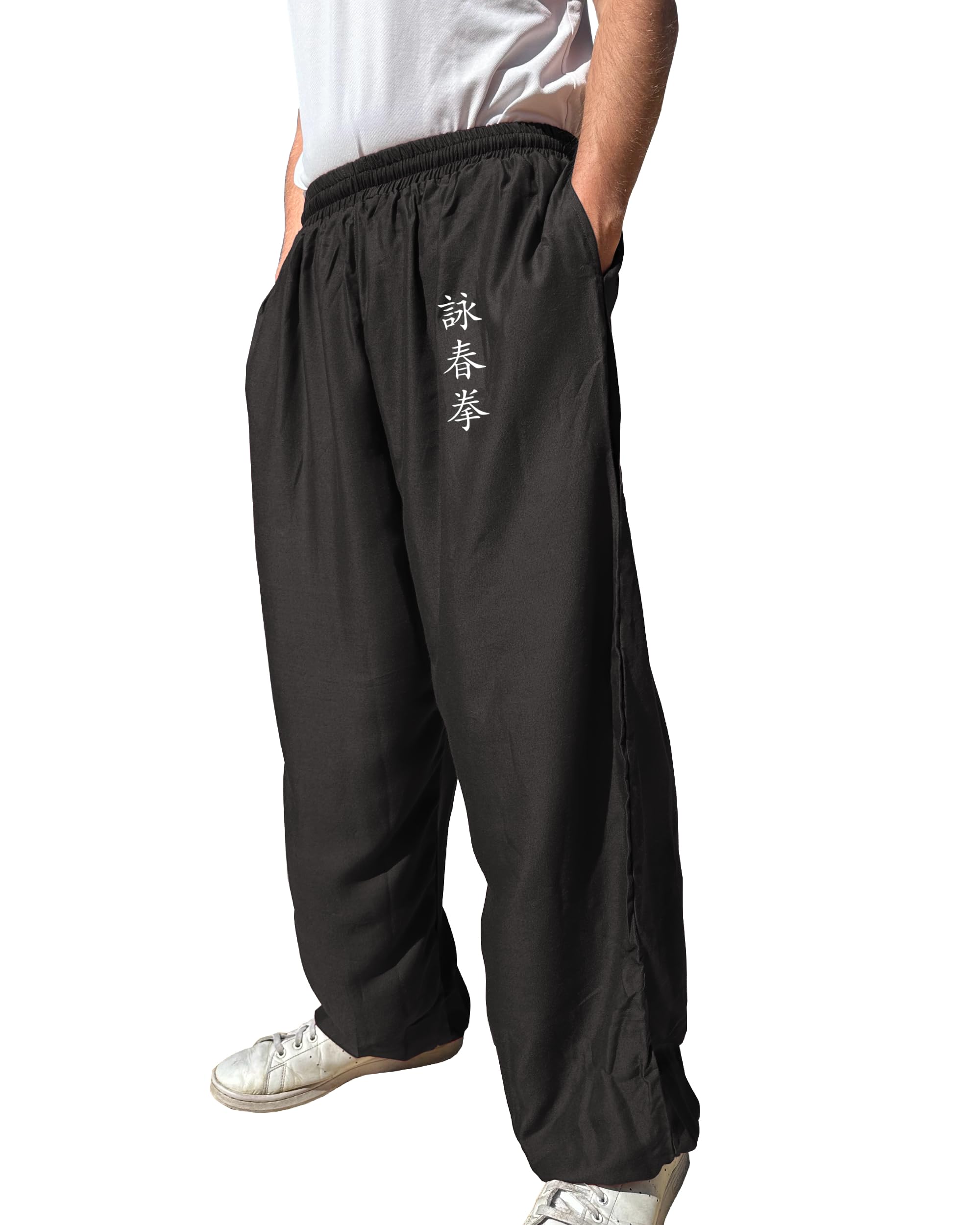 TAO MARTIAL Kung Fu Pants Wing Chun Tai Chi Style with Pockets, Loose Pant Rayon V3 (WC Black, Size XXL)