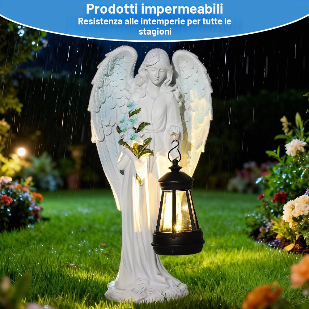 Statue da giardino a forma di angelo custode con lanterna solare a LED, decorazione per esterni, resistente alle intemperie, per cimitero, scultura d'angelo, giardino, terrazza, davanzale, 33