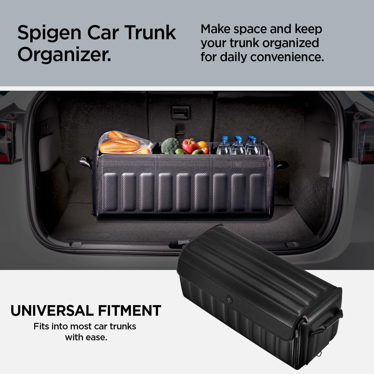 Spigen Trunk Organizer Collapsible Heavy Duty Foldable with Lid for SUV, Model Y juniper (2025/26), Model 3/Y/S/X/Cybertruck, Sedan, and all car (Black)