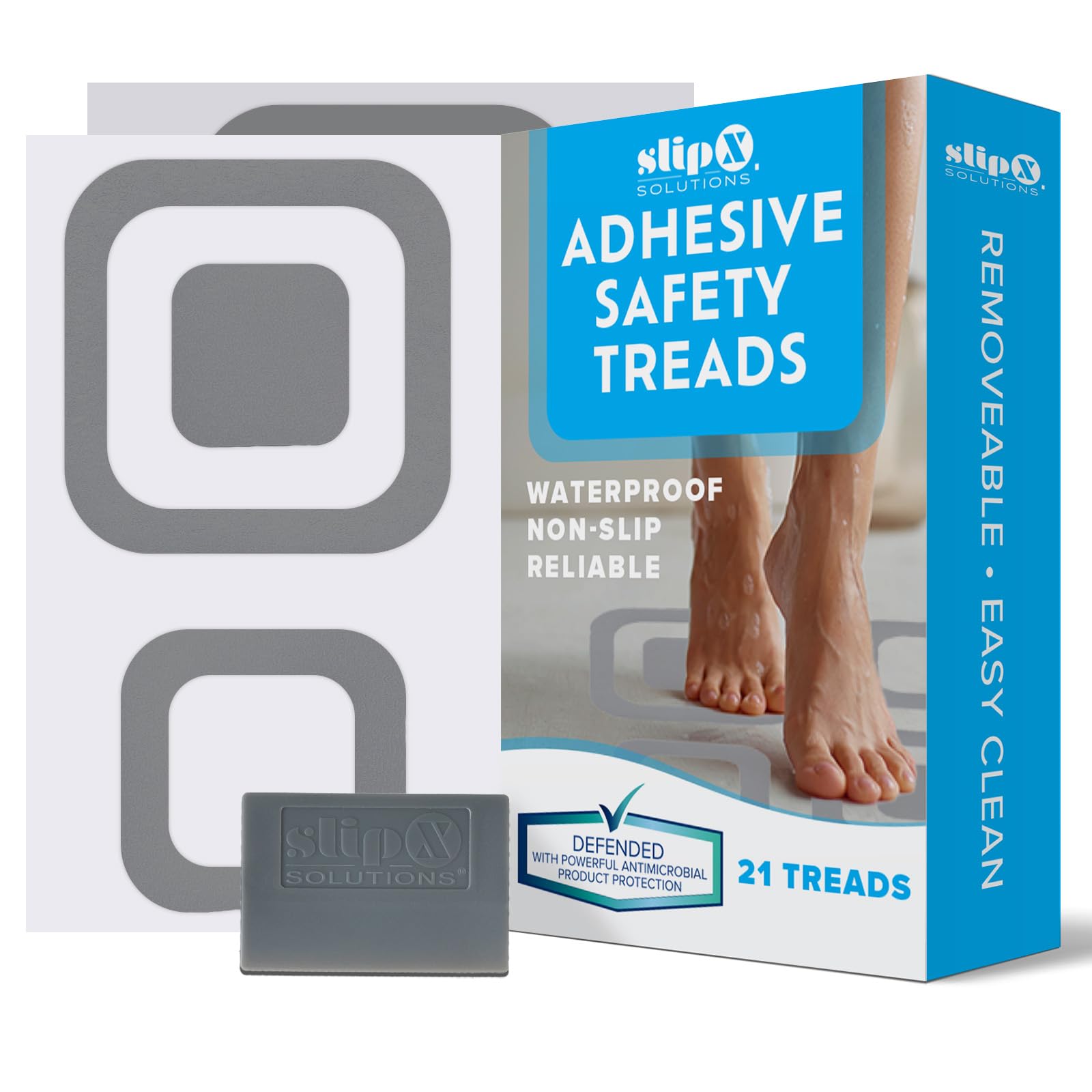 SlipX Solutions Square Adhesive Anti-Slip Safety Treads, Reliable Grip for Bathtubs, Showers, Stairs & More, Power Grip Floor Grips (21 Count, Gray) Design Your Own Pattern