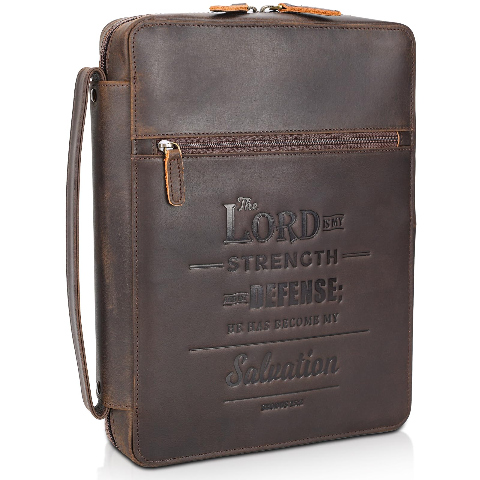 Polare Full Grain Cowhide Leather Bible Cover Church Bag Bible Protective Book Holder Carrying Case Folder Organizer Portfolio (Dark Brown(Lord is My Strength & Defense))
