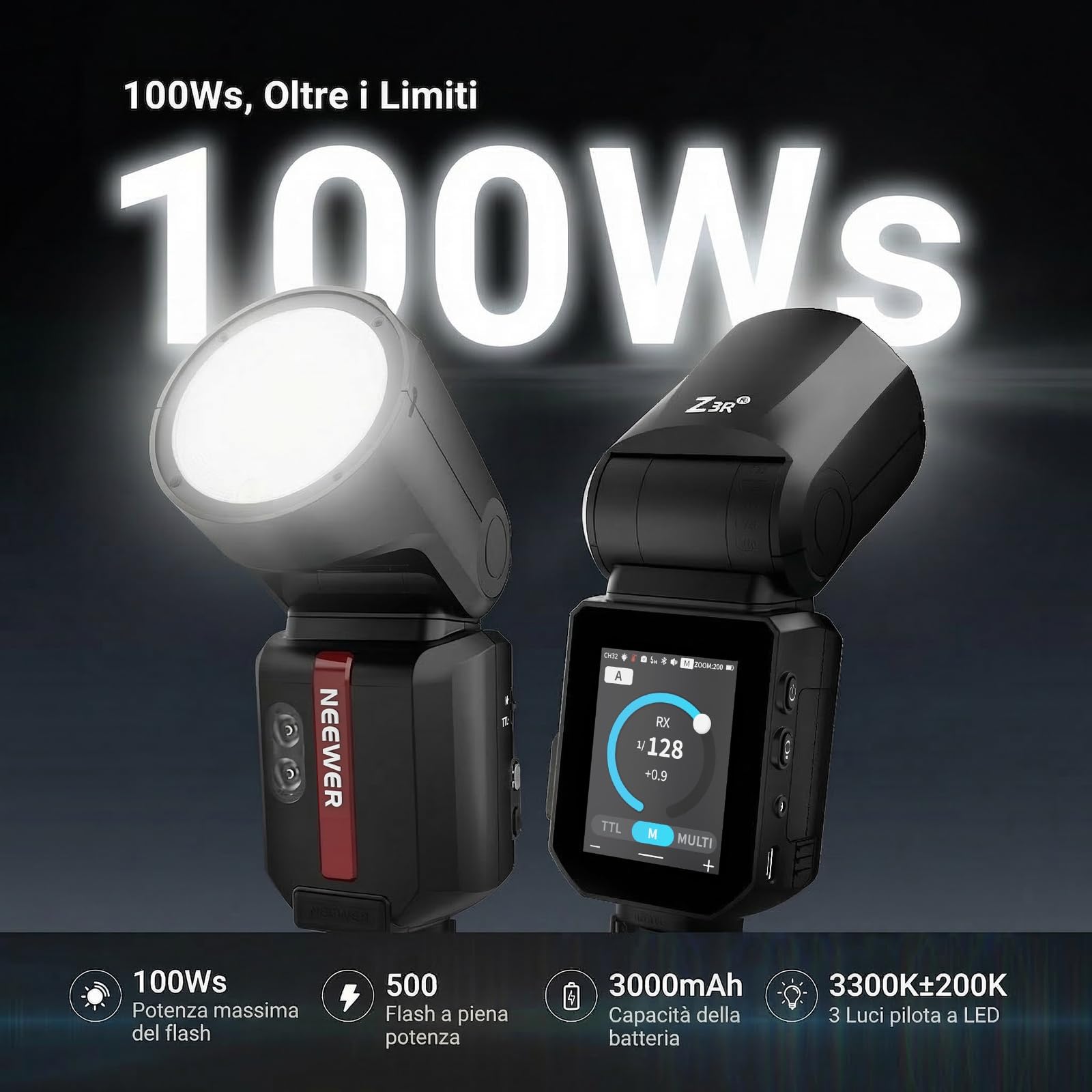 NEEWER Flash Testa Rotonda 100Ws 2.4G TTL Compatibile Con Nikon, Compatibile Con Godox, Speedlite Con Touchscreen 1/8000s HSS, 2 Lampade Modello, Interruttore TTL/M, 500 Flash A Piena Potenza, Z3R-N