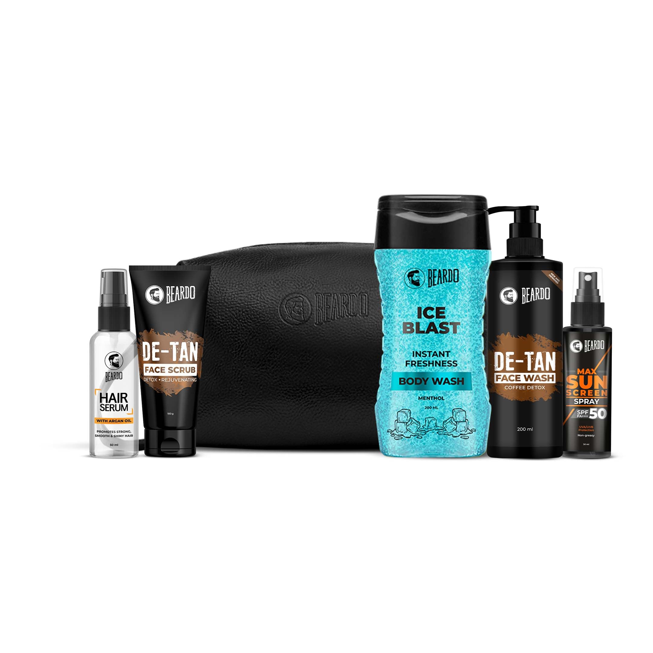 Beardo Summer Essentials Combo | De-Tan Facewash,Hair Serum,Sunscreen Spray,Face Scrub, Ice Blast Body Wash & Traveller Pouch |All-in-one Kit for Men-image-18