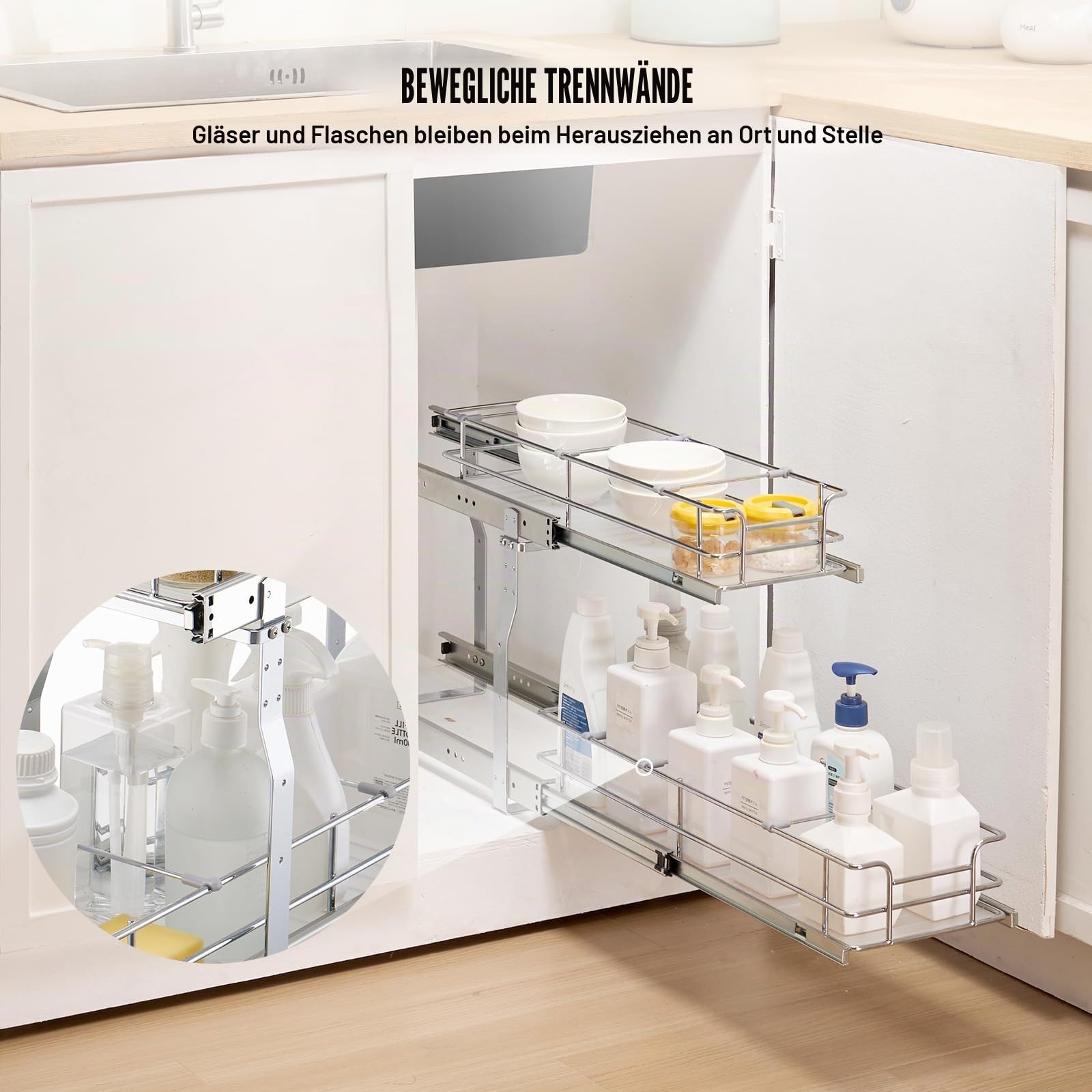 VEVOR Ausziehbarer Spülschrank-Organizer mit 2 Ebenen unter Waschbecken (215x533x385 mm) Gewürzregal Küchenregal Lagerregal Organizer für Küche Badezimmer 245x563x485 mm (Einbaumaß)