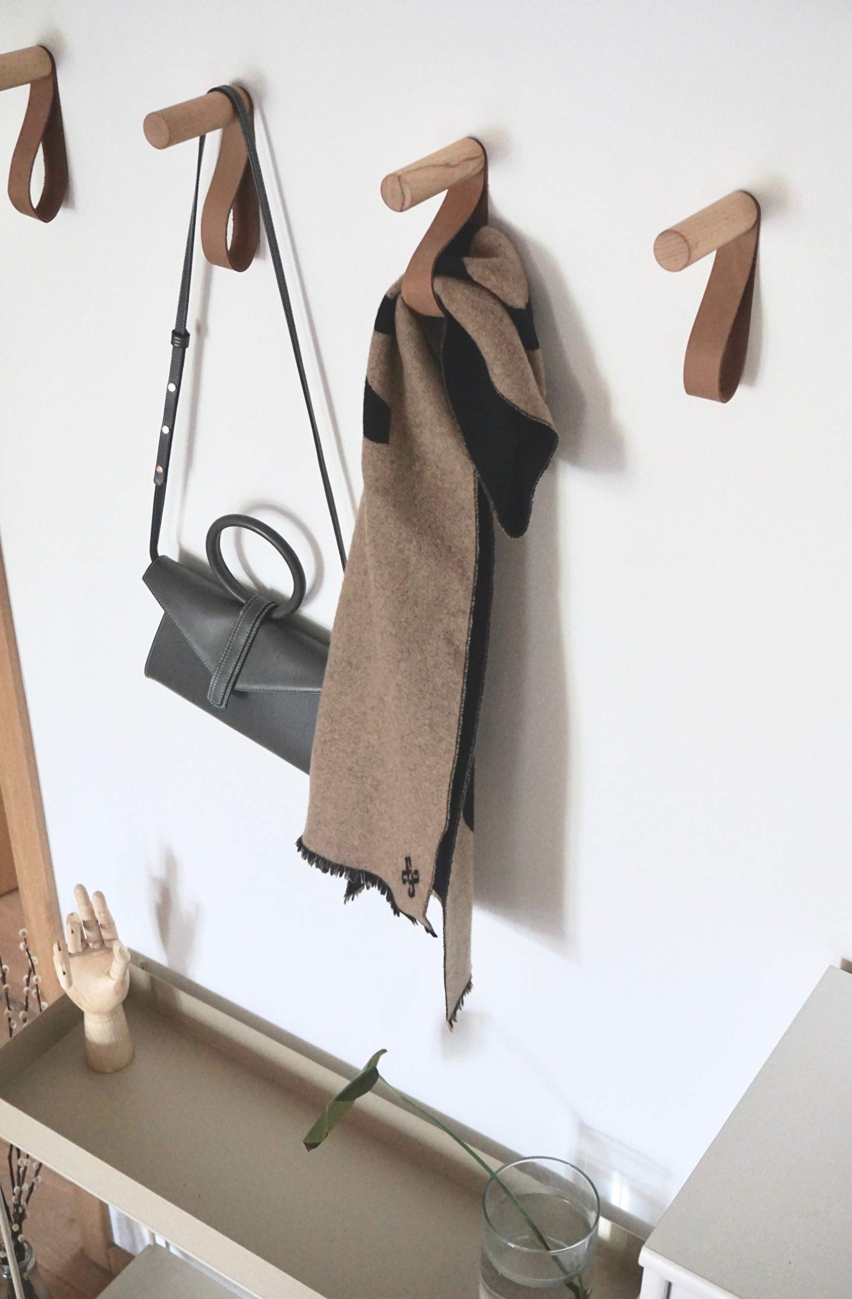 Attaccapanni Da Parete Forest In Legno E Pelle - Set Di 3 Design Scandinavo Moderno - Foto 11