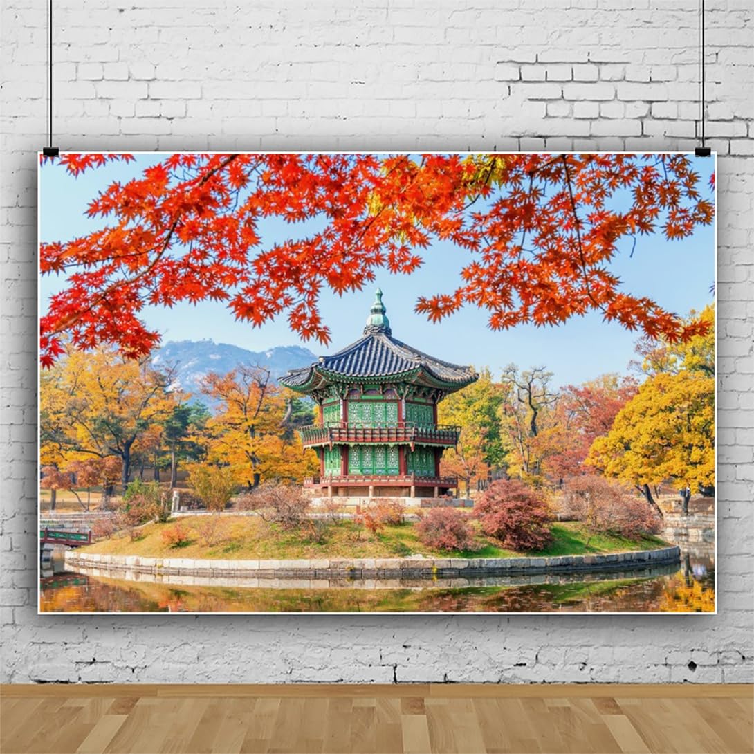 10x8ft Autunno Gyeongbokgung Palazzo Sfondo per Fotografia Corea del Sud Giardino Foglie d'Acero Sfondo per Viaggi Asiatici Festa a Tema Decorazione Banner Photoshoot Studio Puntelli
