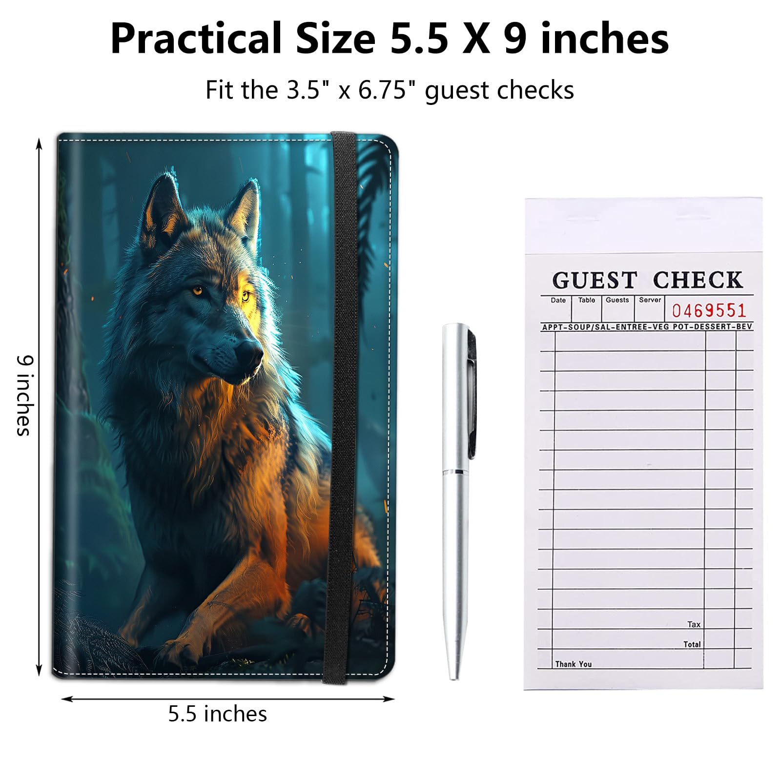 Server Book for Waitress,5.5x9 Inch - Waiter Book with Zipper Pocket,Pen Holder & Cash Compartments,Waterproof PU Leather Guest Check Organizer for Tips,Cards, Receipts,A Wolf at Night