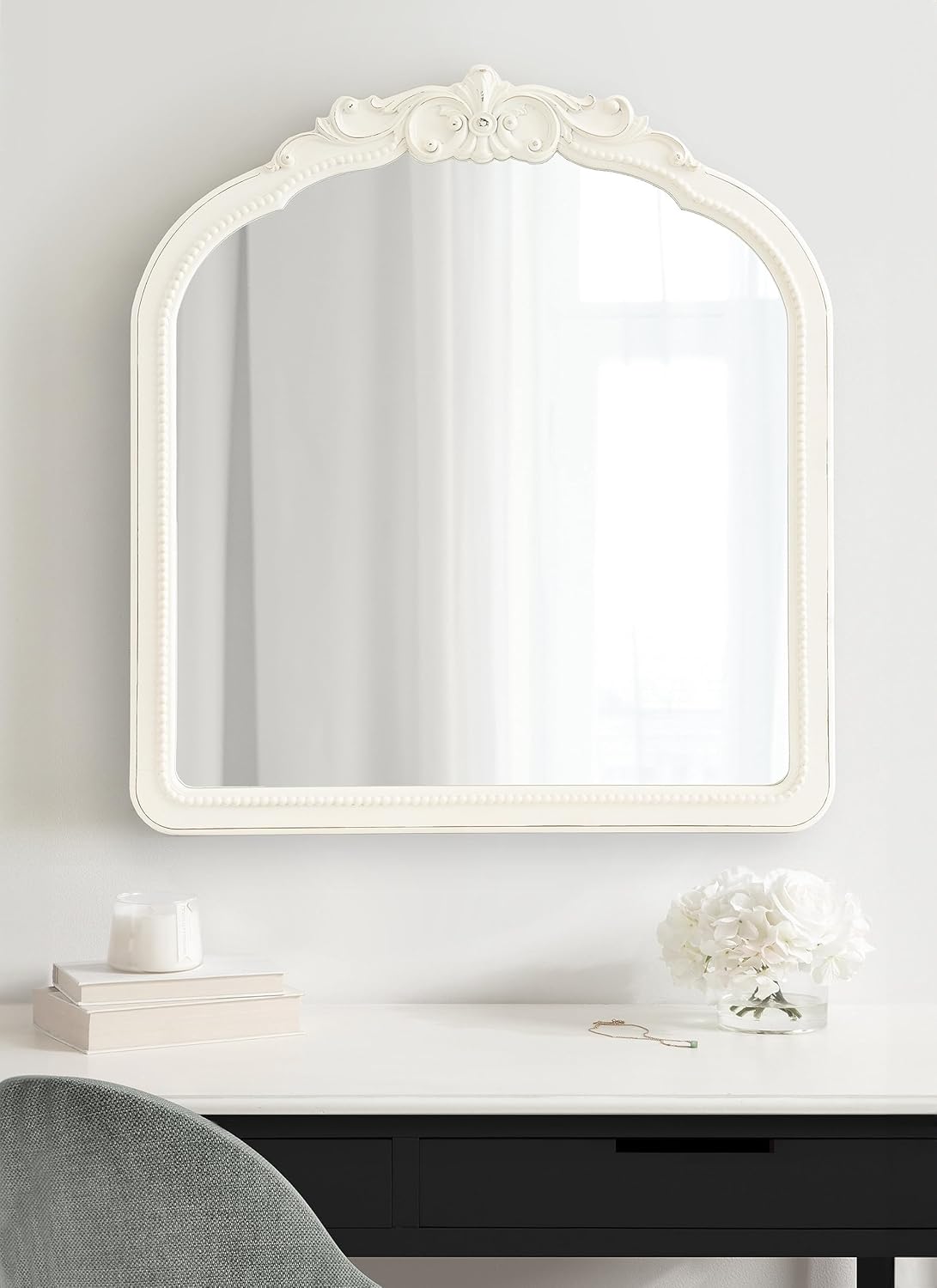 Kate and Laurel Jenelle Traditional Arched Baroque Wall Mirror; 28 x 30; White; Distressed Antique-Inspired Vintage Arch Mirror with Ornate Garland Crown for Bathroom Vanity or Fireplace Mantel