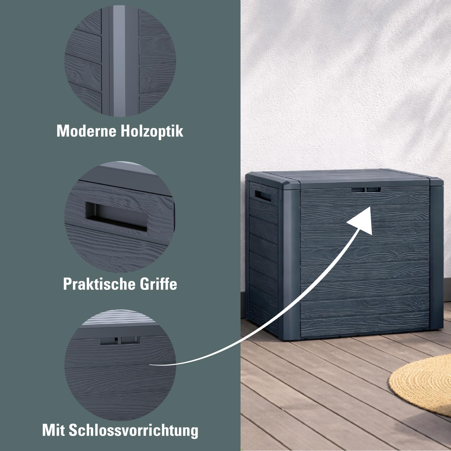 Prosperplast Woodebox Gartenbox Gartenkiste Kissenbox Kissentruhe Gartentruhe Verschließbar Kunststoff 140 Liter (Anthrazit)