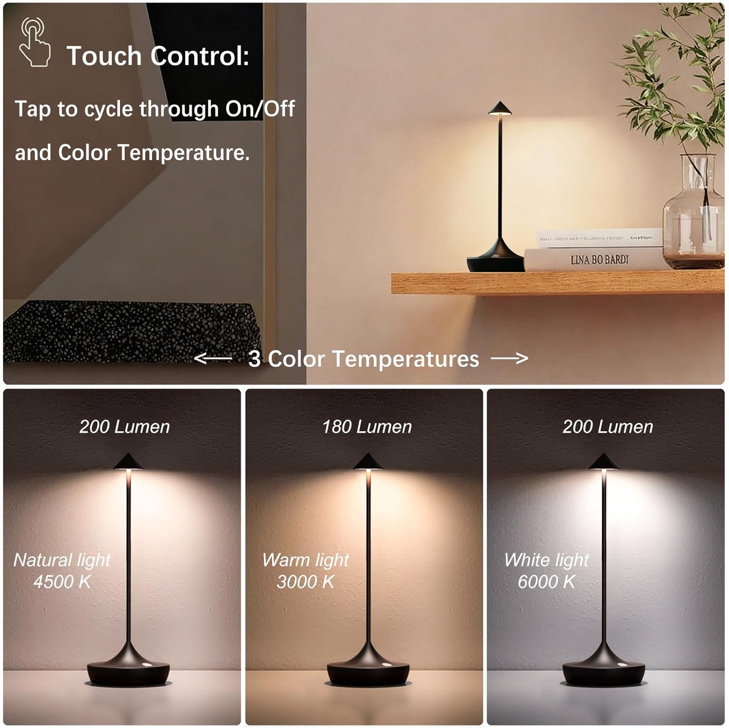 2-Pack Cordless Rechargeable LED Table Lamps, Metal, 3 Color Touch Stepless Dimmable, IP54 Waterproof Portable Battery Operated for Outdoor Dining Patio Restaurant Home Decor, Black