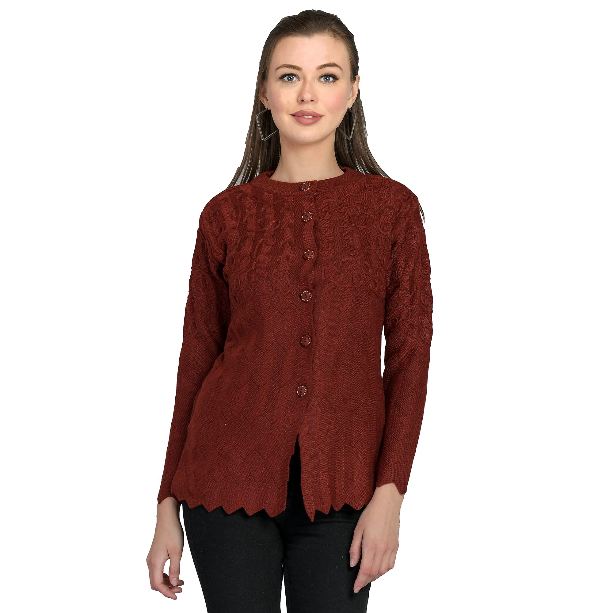 Women's Woolen Round Neck Cardigan with Heavy Front Embroidery Daffodil Fabric - Pure Wool Winter Wear - Free Size Long Cotty - Fully Warm - Maroon, XS-image-14